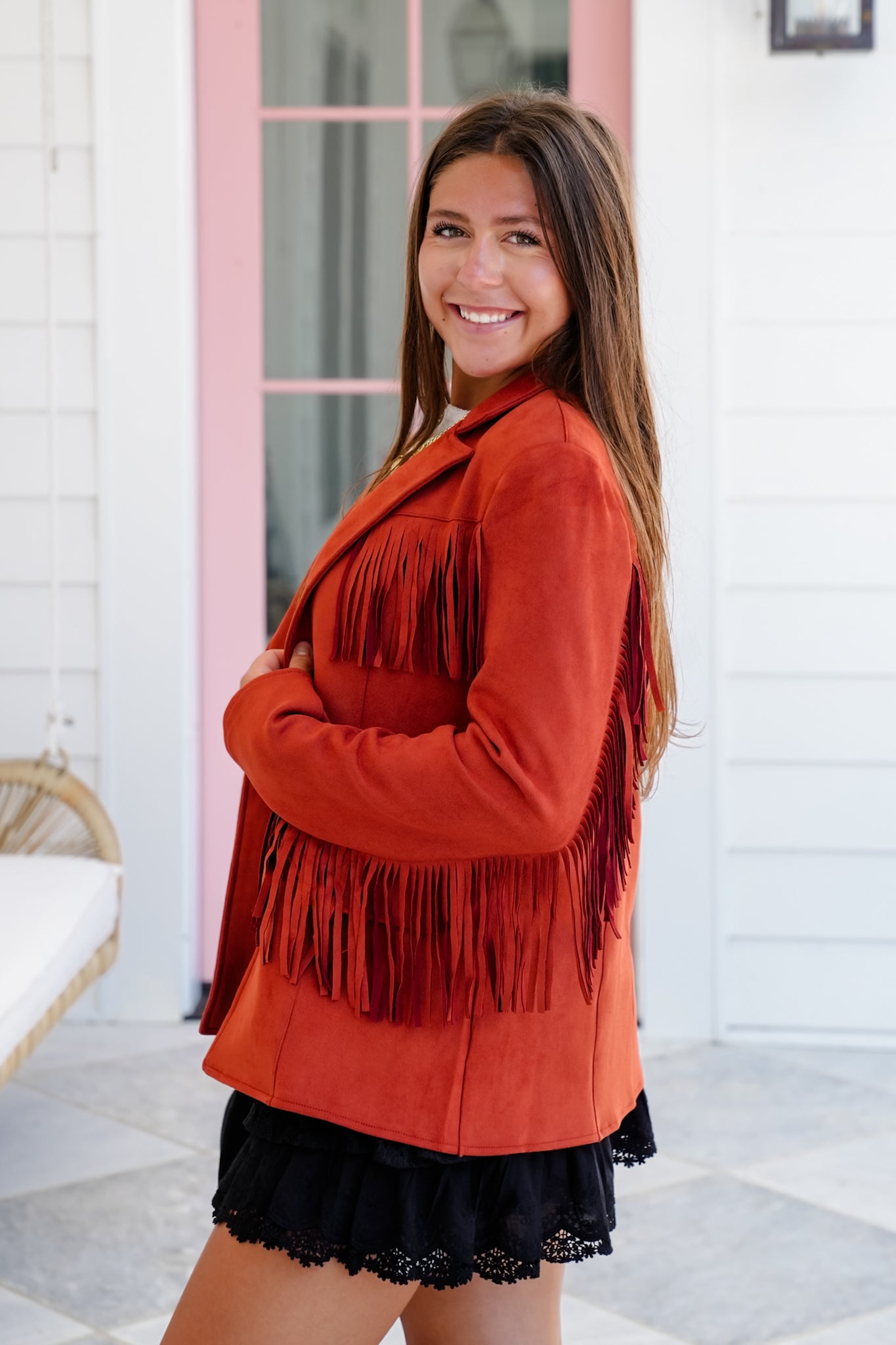 Vegan Suede Long Sleeve Jacket with Fringe Detail