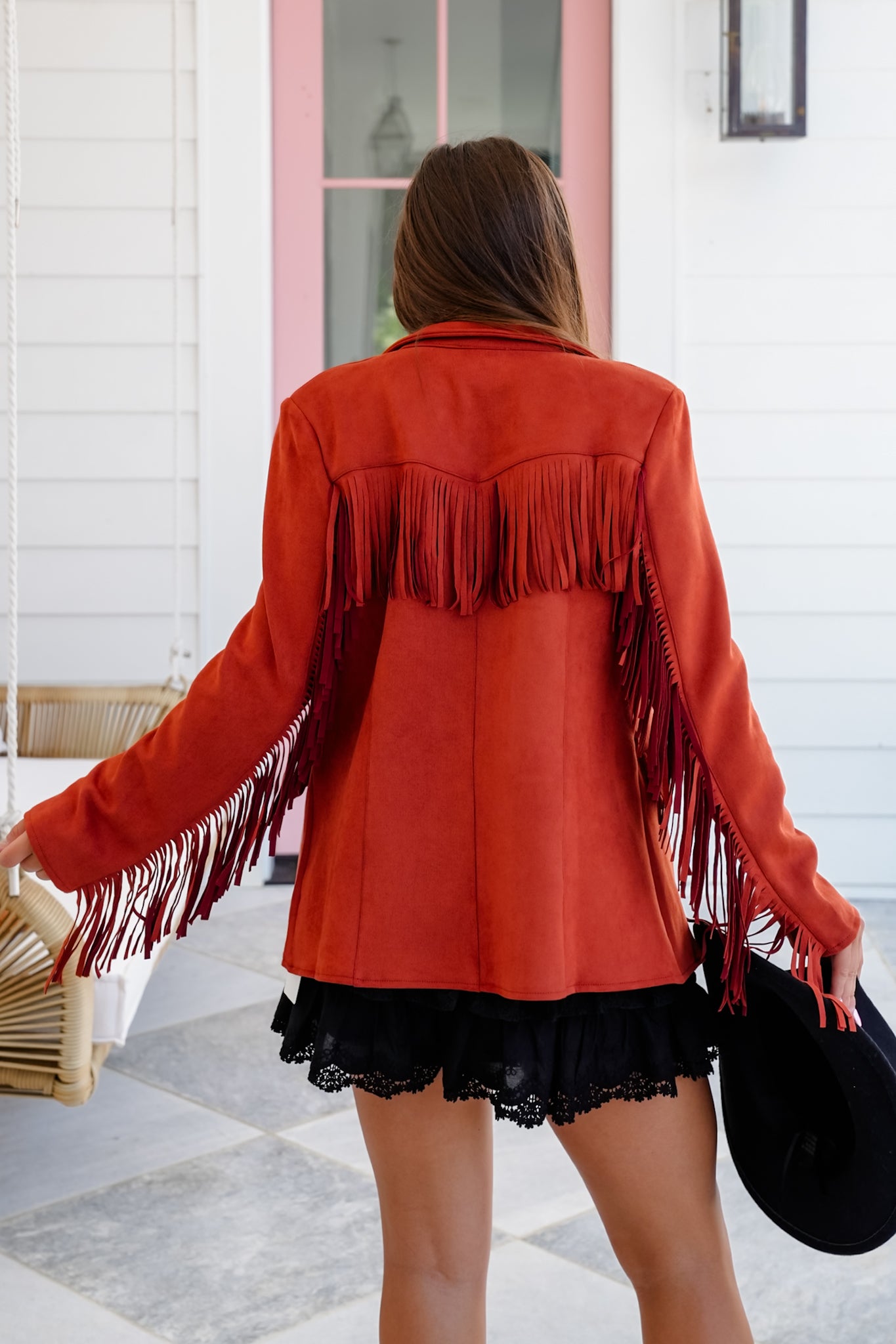 Vegan Suede Long Sleeve Jacket with Fringe Detail