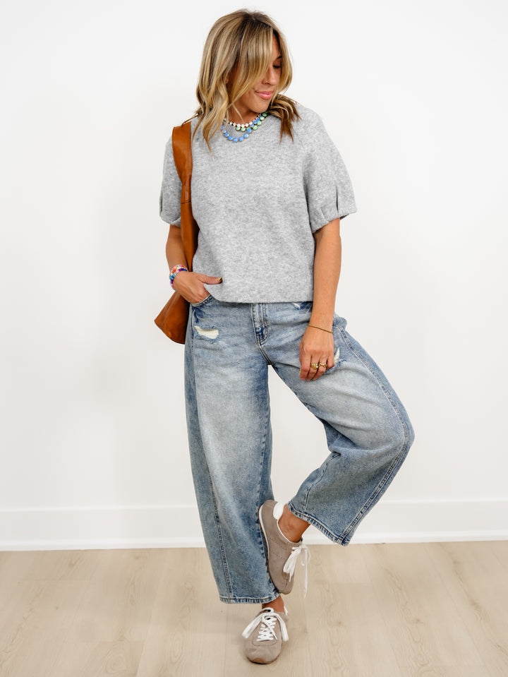 Short Puff Sleeve Round Neck Pullover Sweater - Freckled Poppy