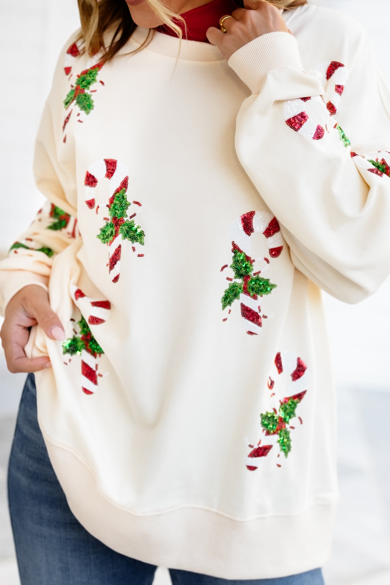 Long Sleeve Sequin Candy Cane Pullover Sweatshirt