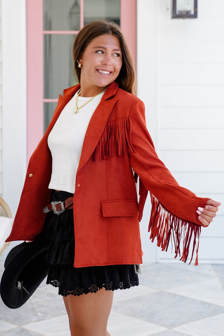 Vegan Suede Long Sleeve Jacket with Fringe Detail