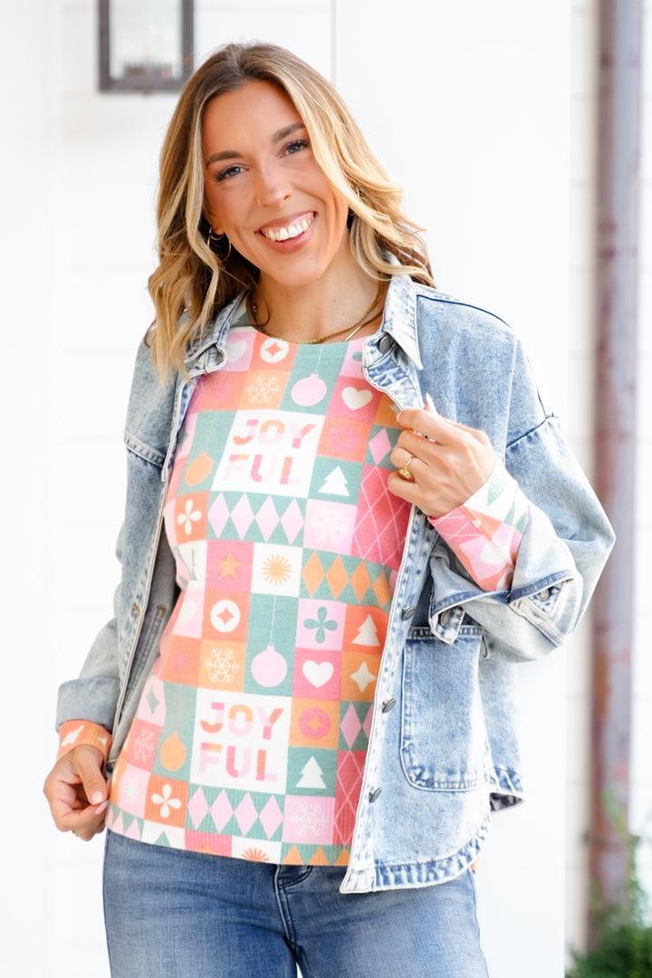 Plus/Reg Long Sleeve "Joyful" Pullover Sweater