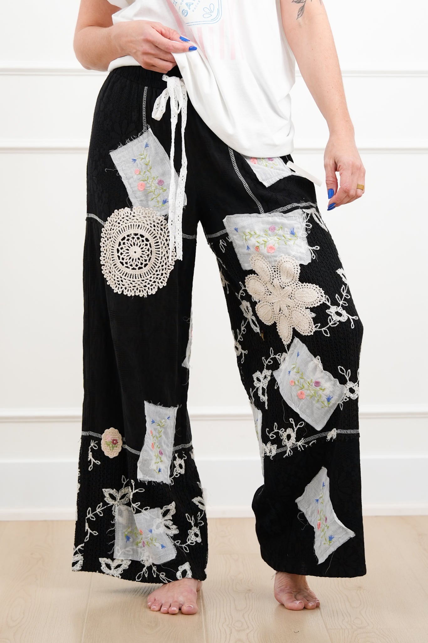 POL Floral Patch Elastic Waist Wide Leg Pants