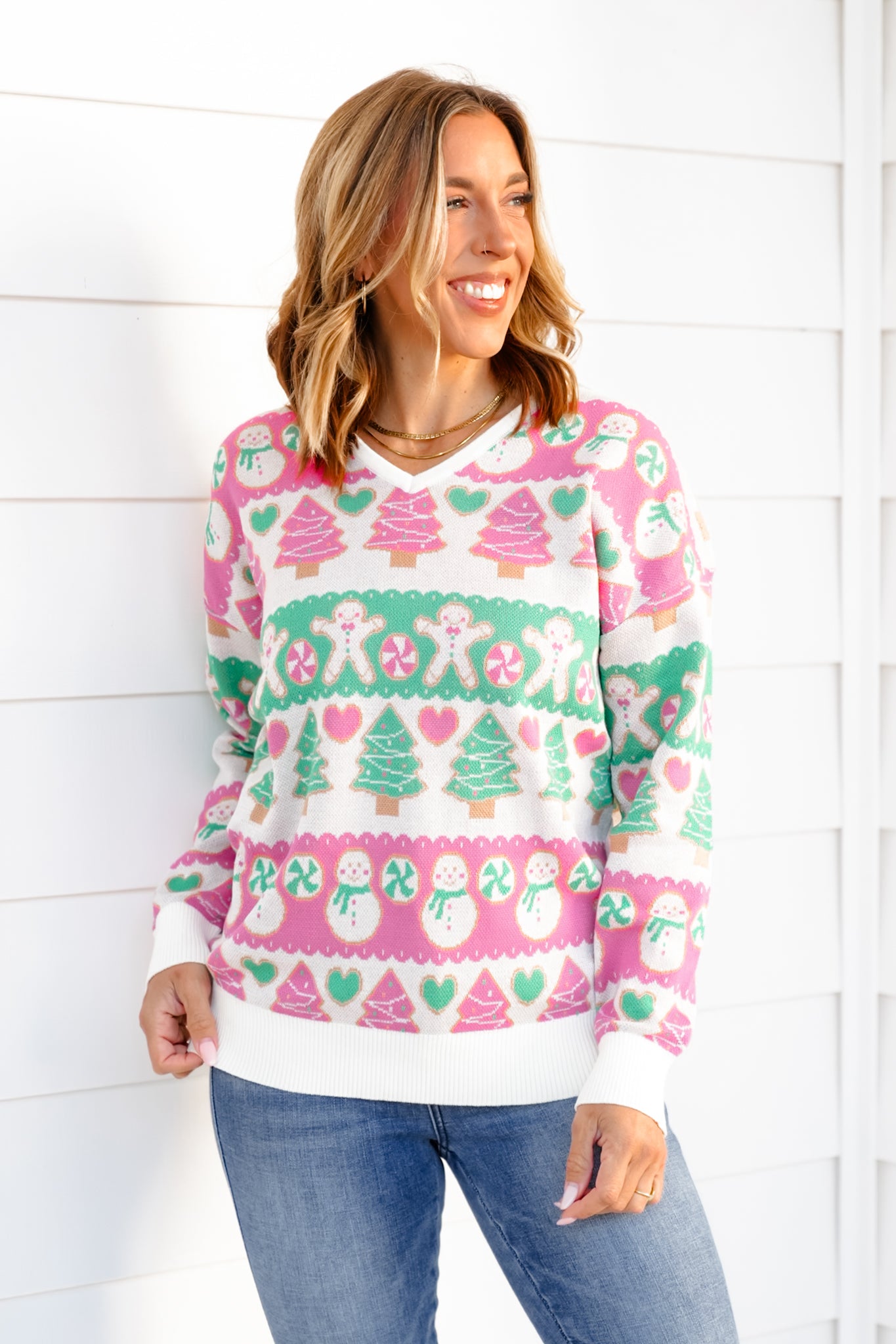 Plus/Reg Christmas Pattern Long Sleeve V Neck Sweater