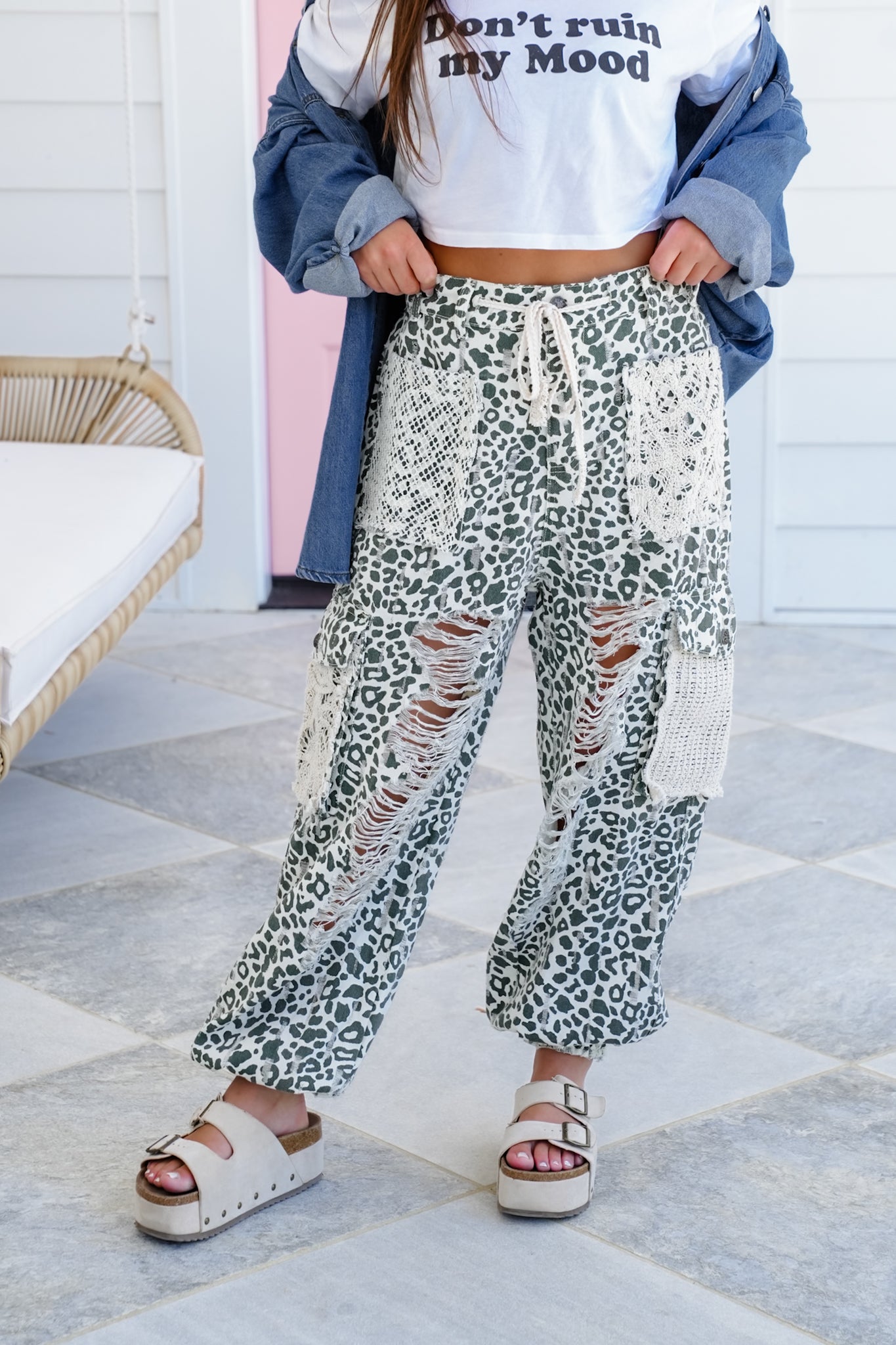 Restock! POL Distressed Green Leopard Jogger Pants with Crochet Detail