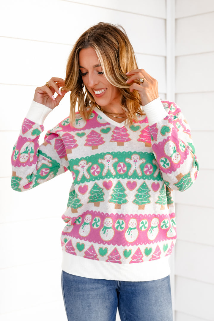 Plus/Reg Christmas Pattern Long Sleeve V Neck Sweater