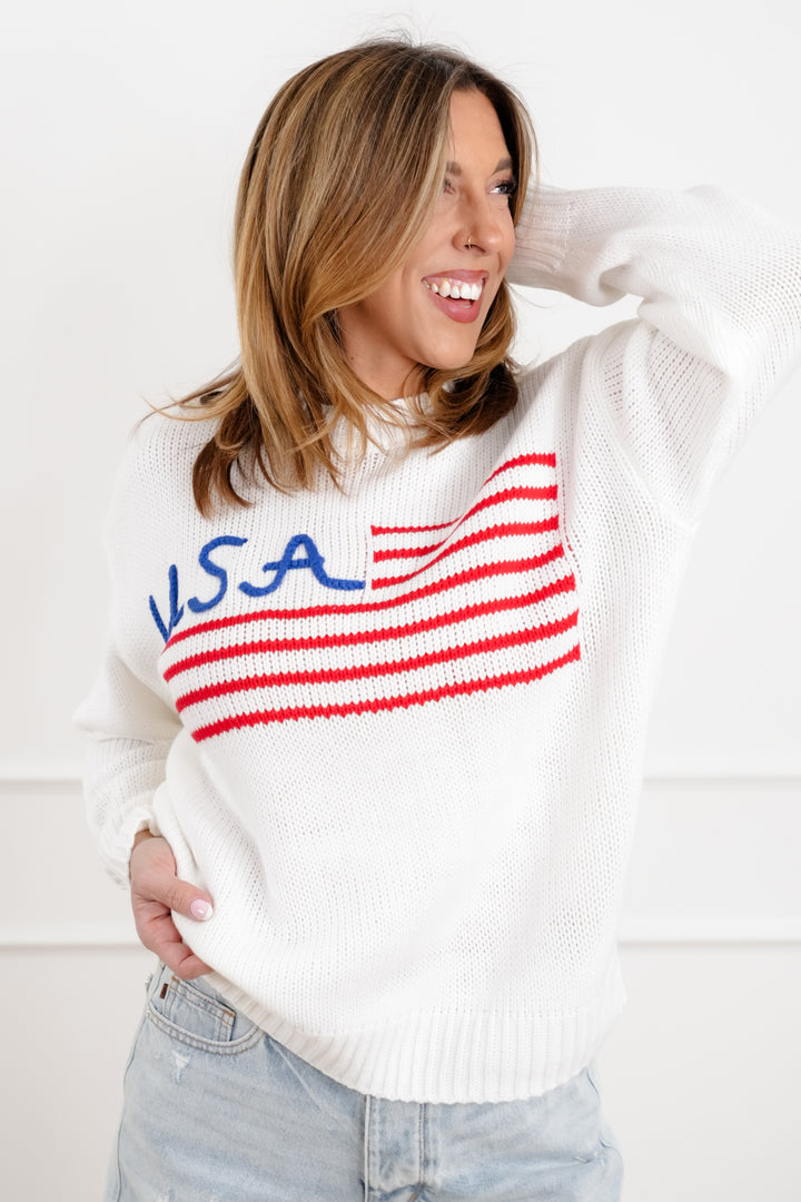 White Long Sleeve "USA" Pullover Knit Sweater