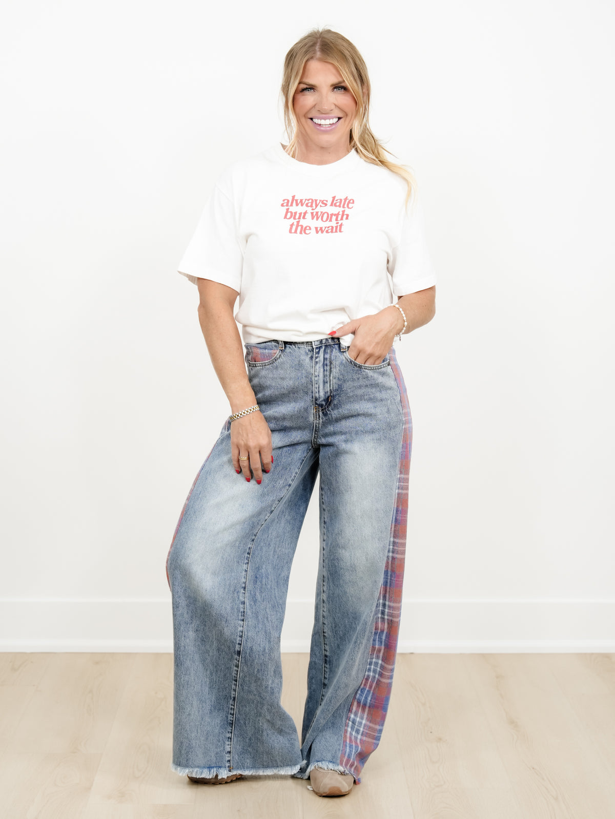 Contrast Plaid Mix Washed Solid Knit Wide Leg Pants With Frayed Edge
