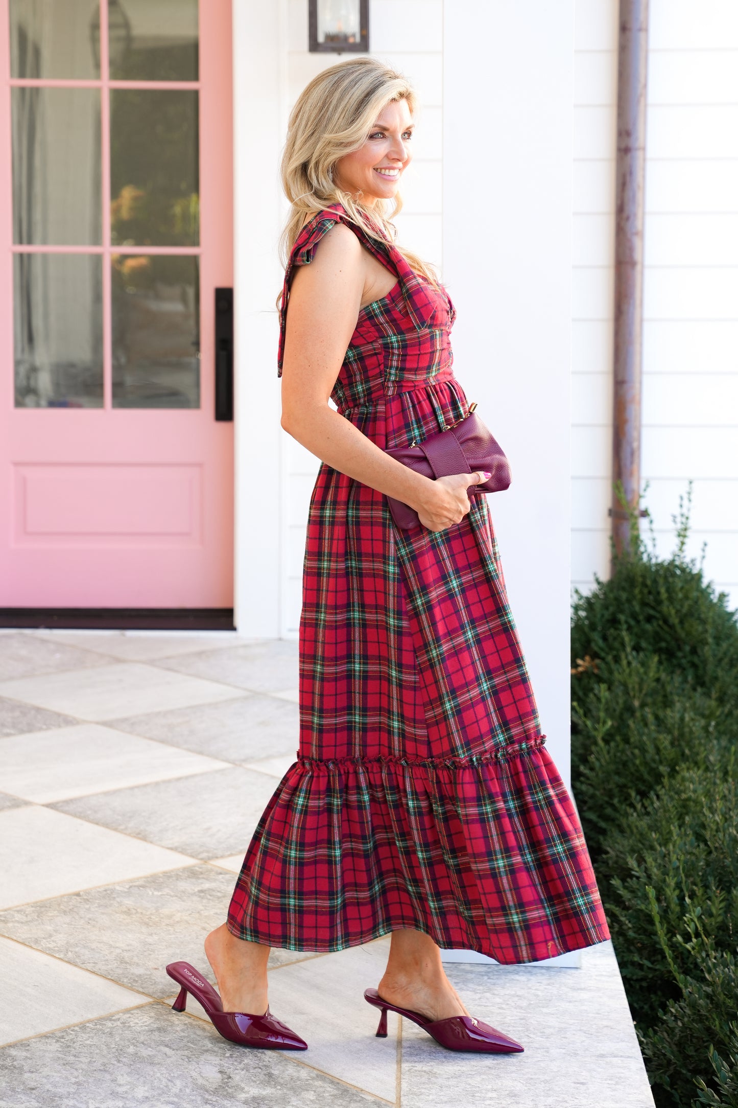 Check Plaid Sleeveless Midi Dress with Ribbon Strap