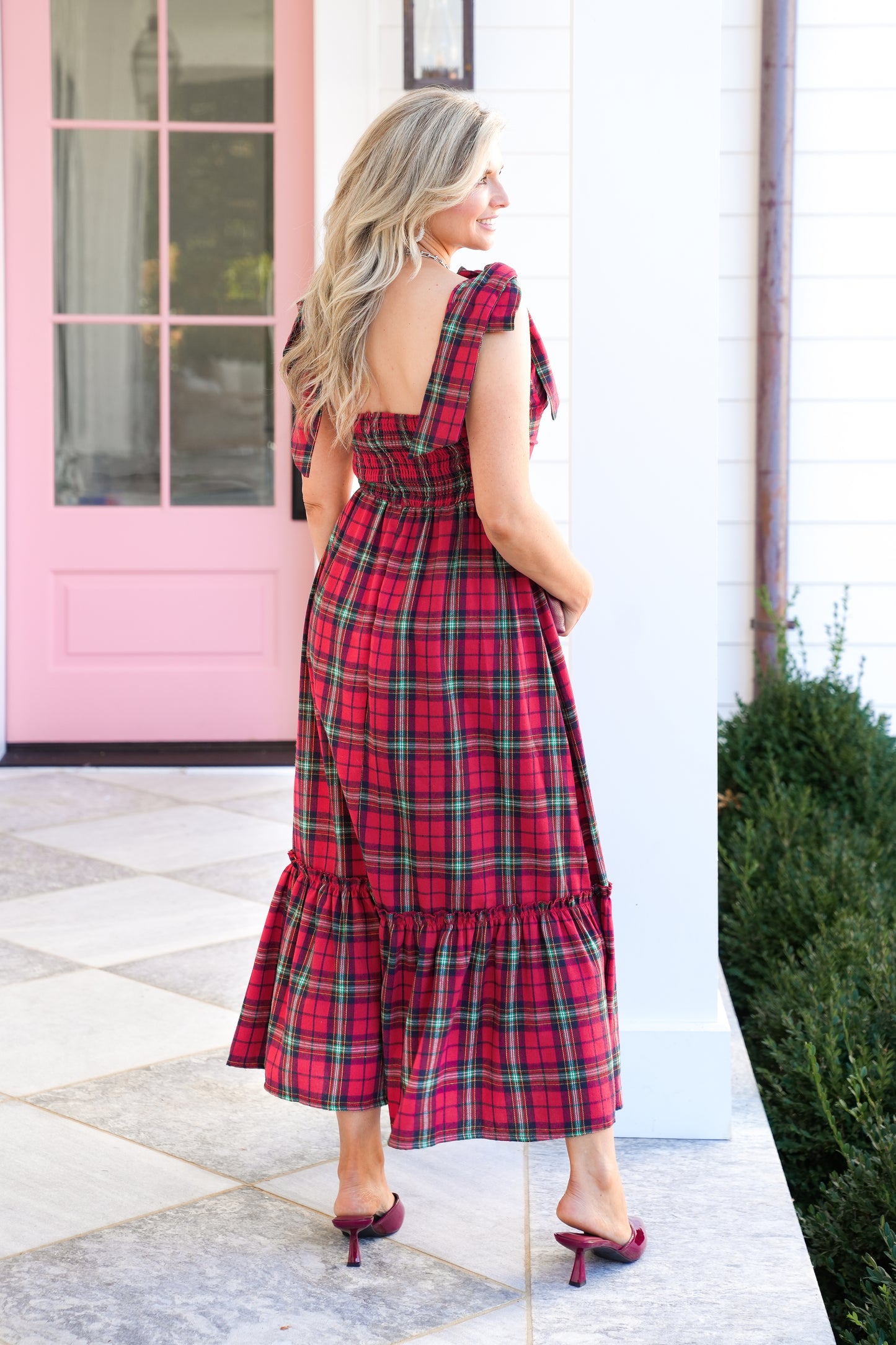Check Plaid Sleeveless Midi Dress with Ribbon Strap