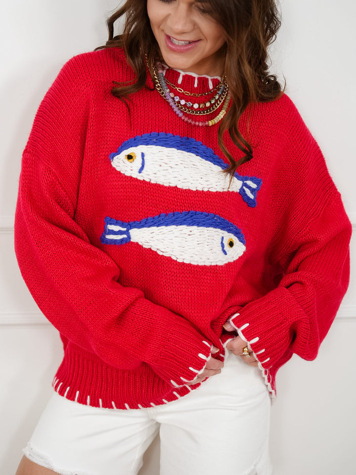 Red Long Sleeve Embroidered Fish Pullover Sweater