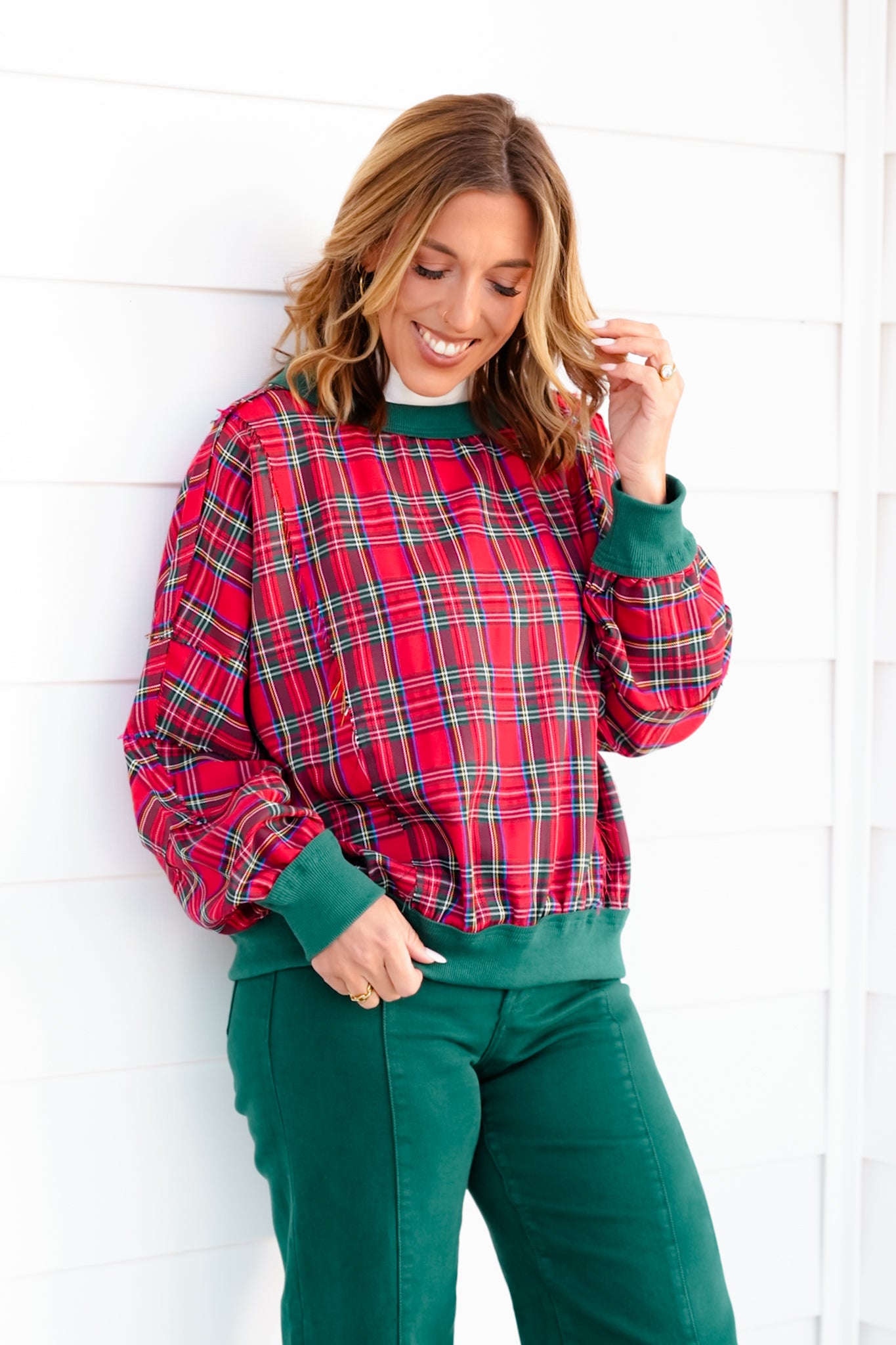 Plaid Long Sleeve Round Neck Pullover Top