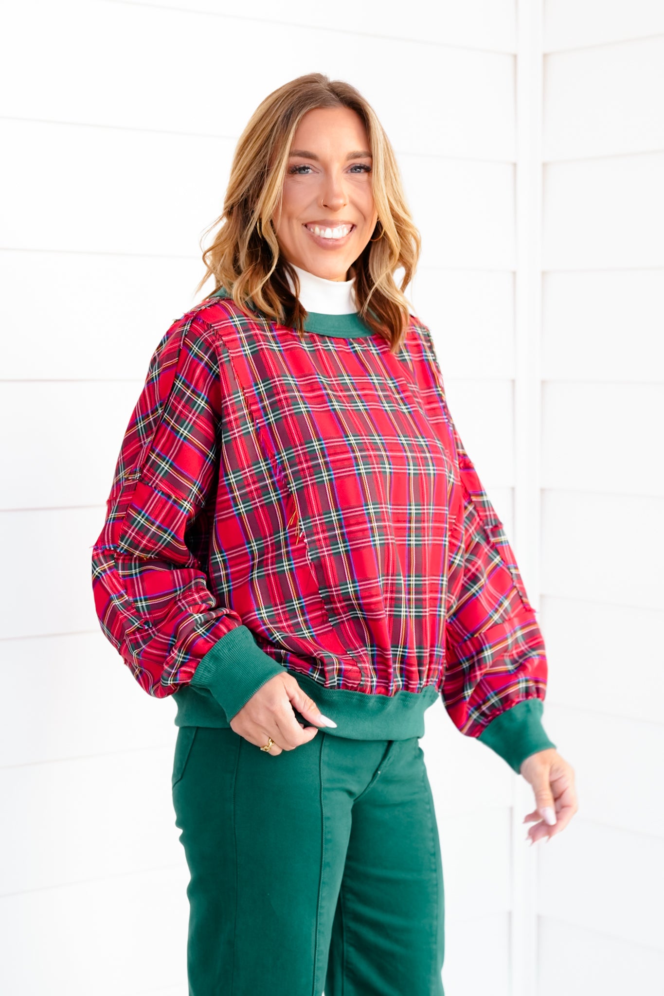 Plaid Long Sleeve Round Neck Pullover Top