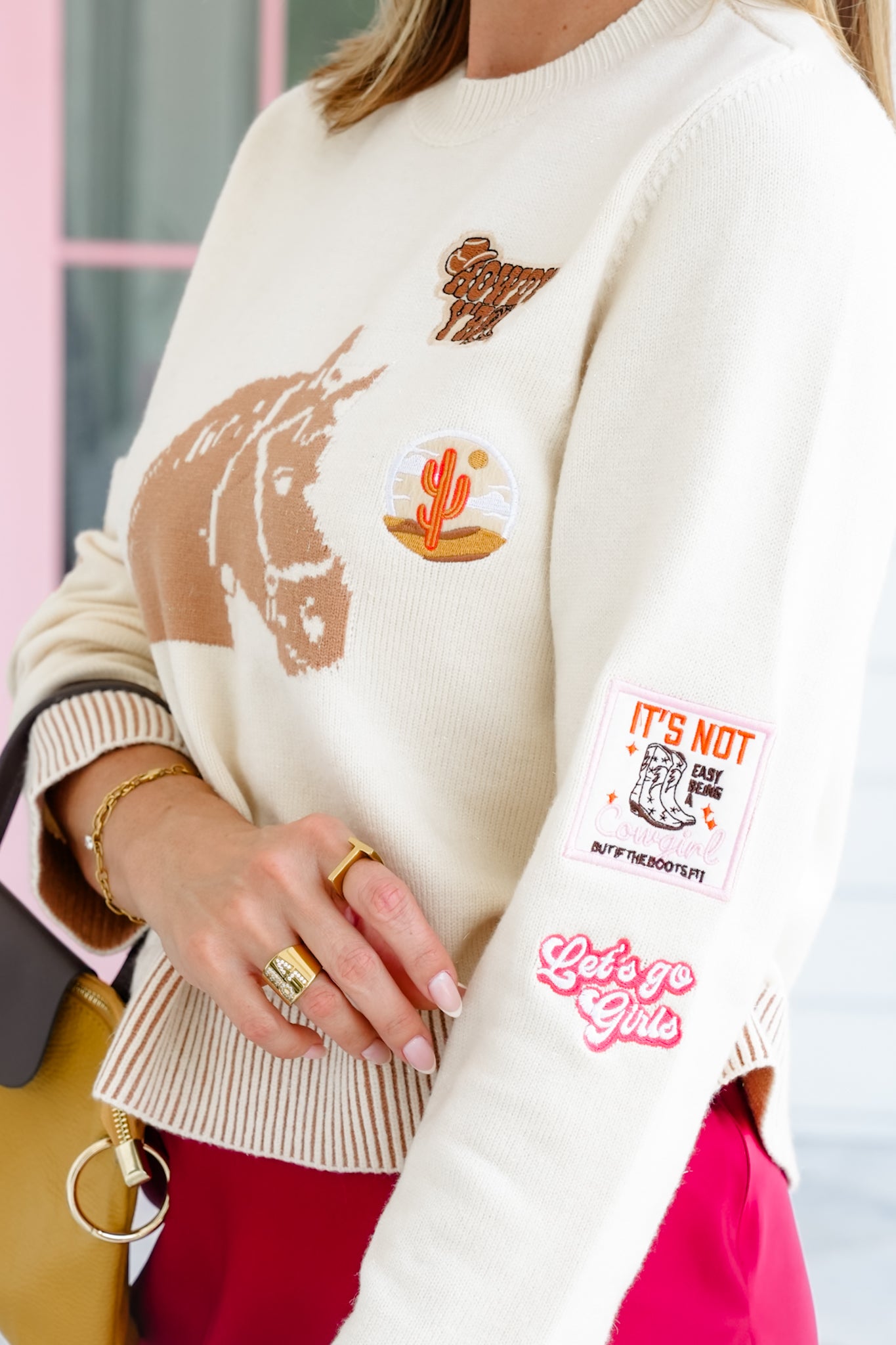 Long Sleeve Horse Pattern Sweater with Western Patch Detail