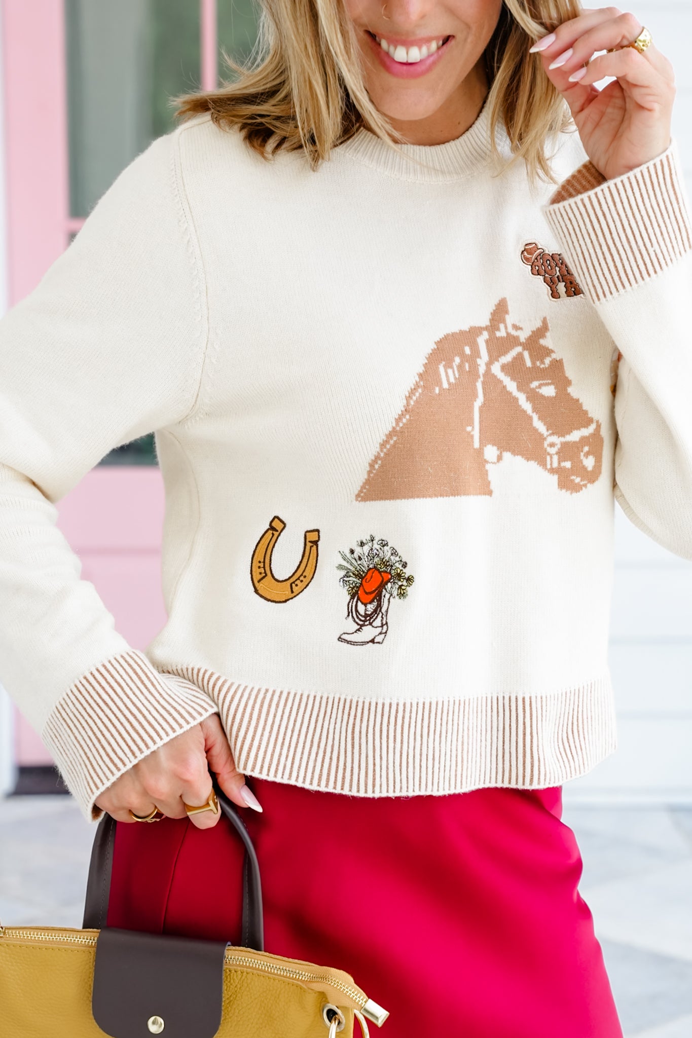 Long Sleeve Horse Pattern Sweater with Western Patch Detail