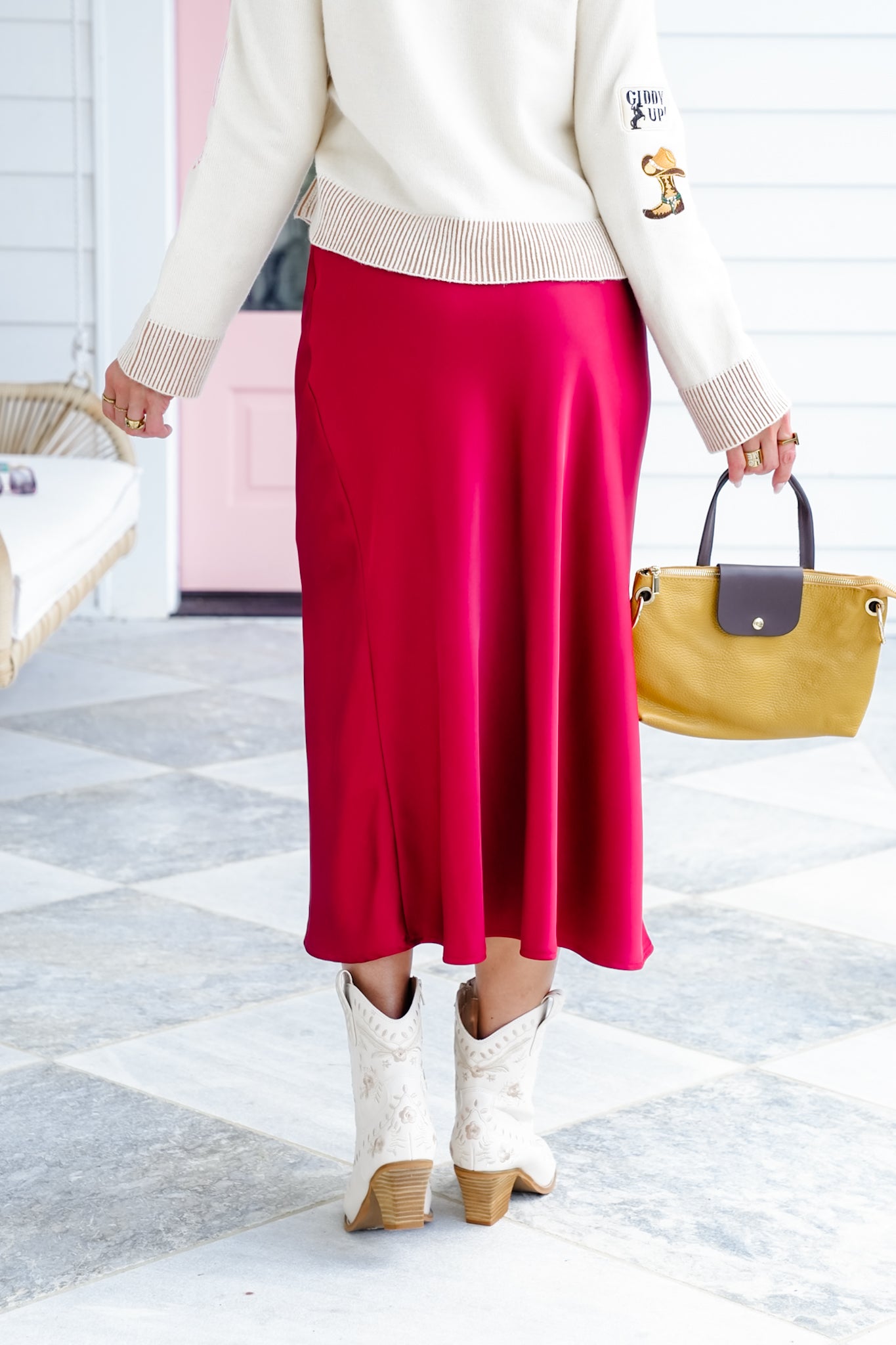 Plus/Reg Burgundy Satin Midi Skirt with Side Zipper Detail
