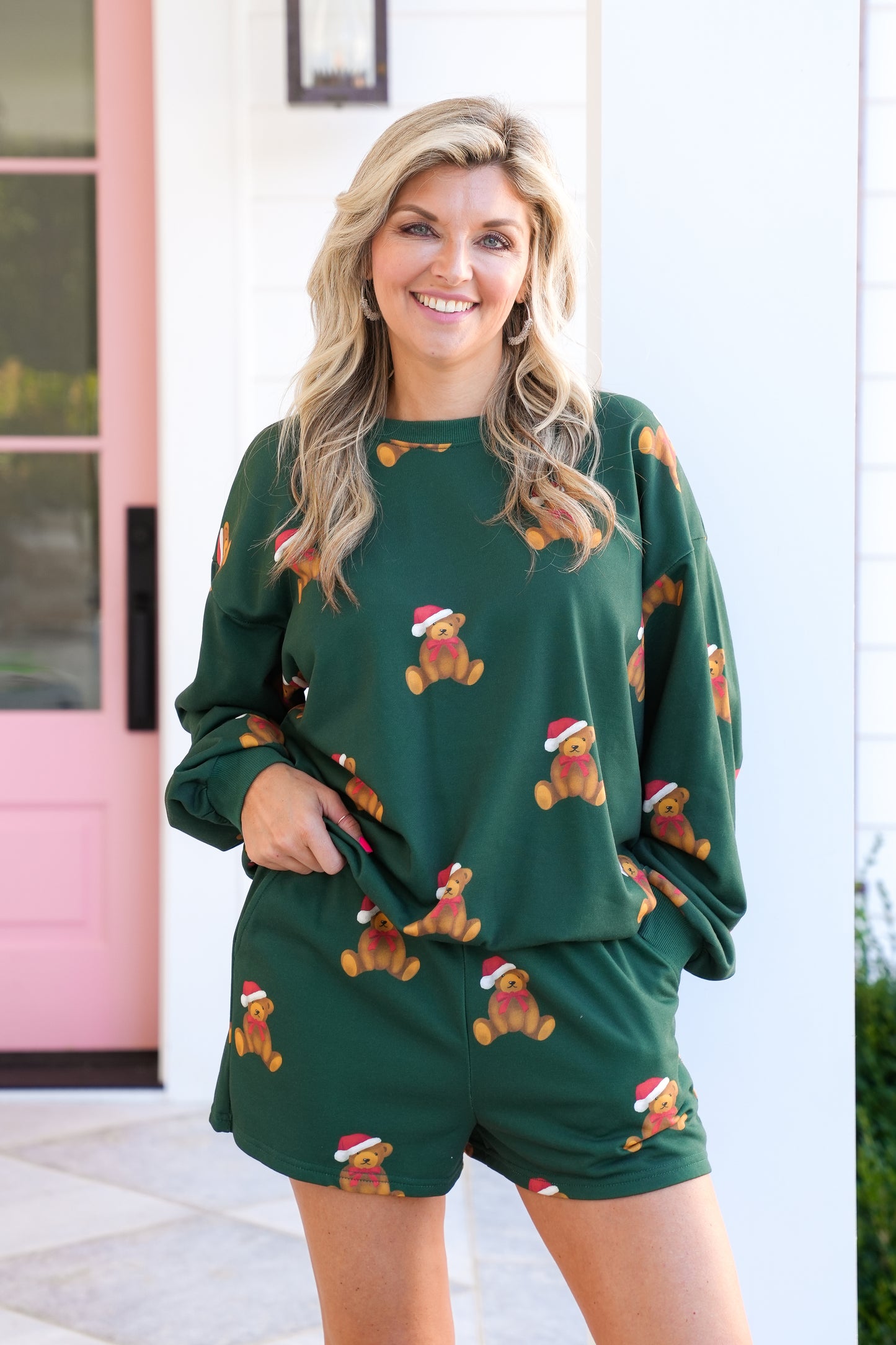 Santa Teddy Bear Print Long Sleeve Top and Shorts Lounge Set