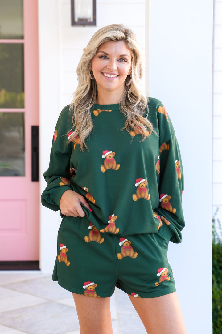 Santa Teddy Bear Print Long Sleeve Top and Shorts Lounge Set