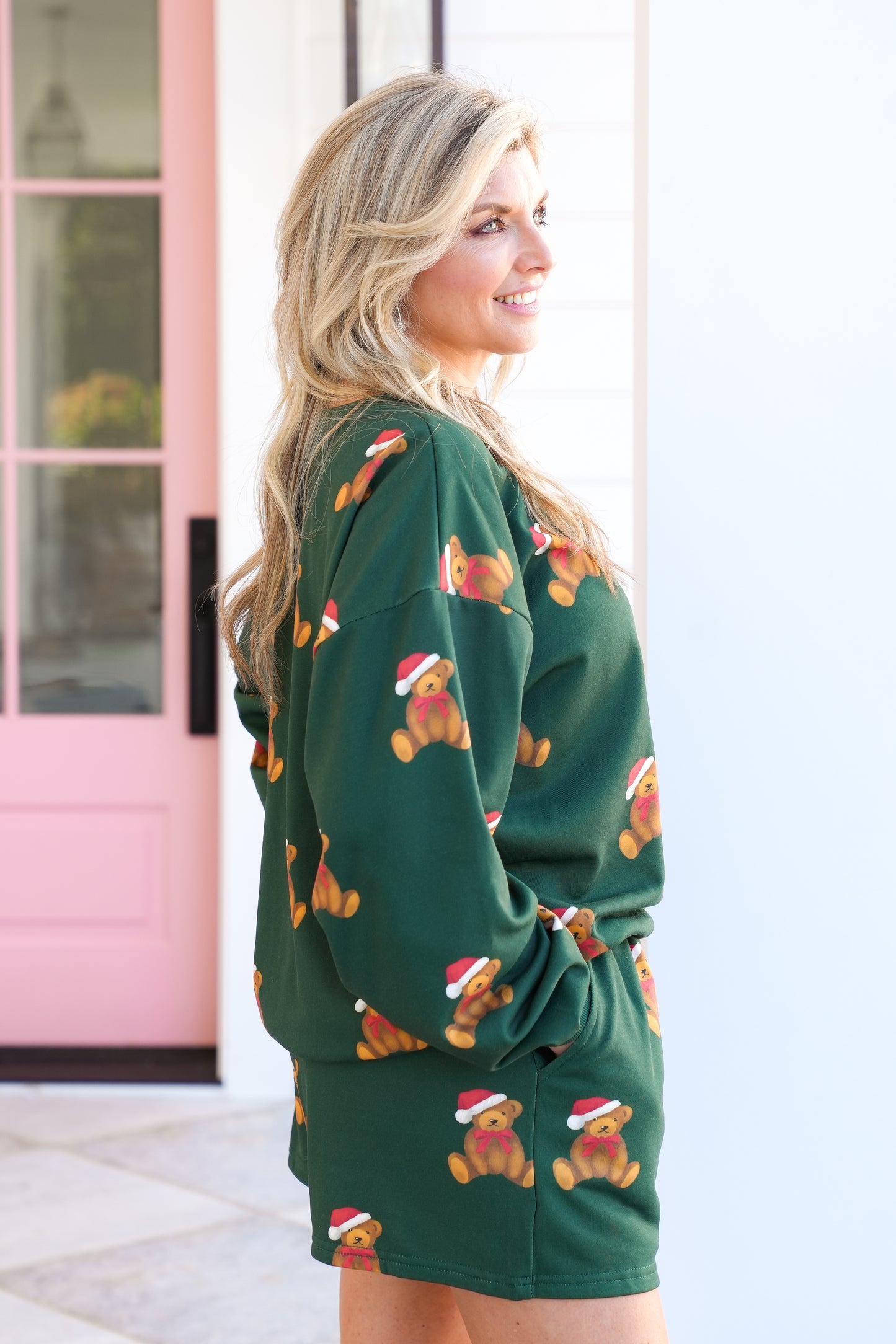 Santa Teddy Bear Print Long Sleeve Top and Shorts Lounge Set