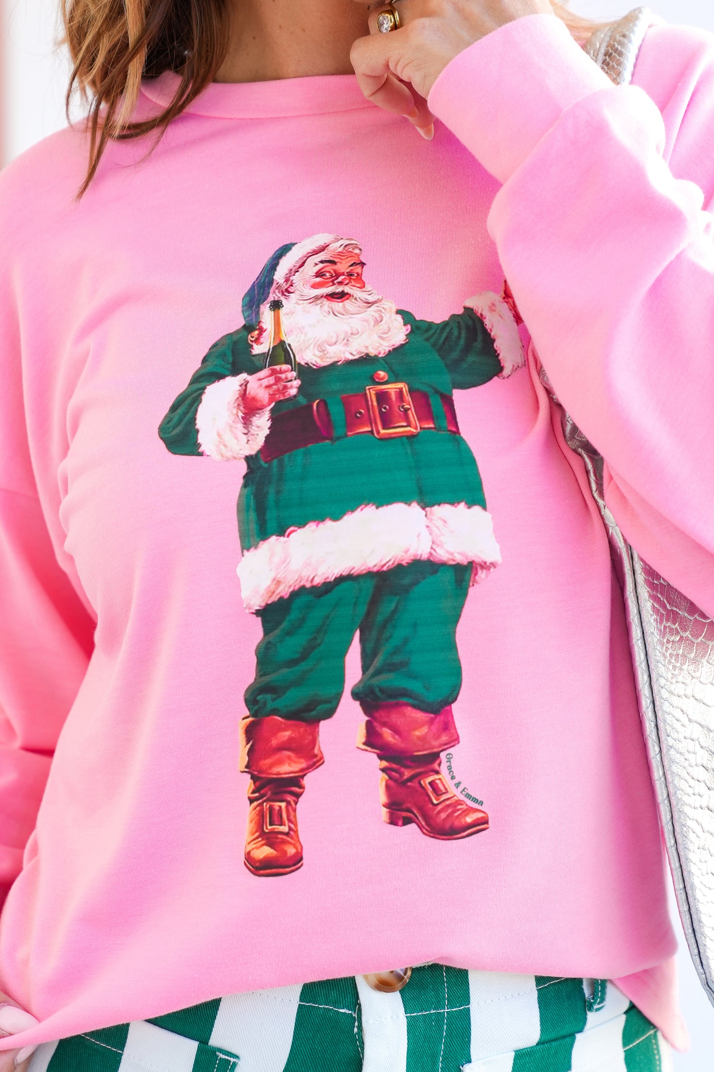 Plus/Reg Santa with Champagne Long Sleeve Sweatshirt
