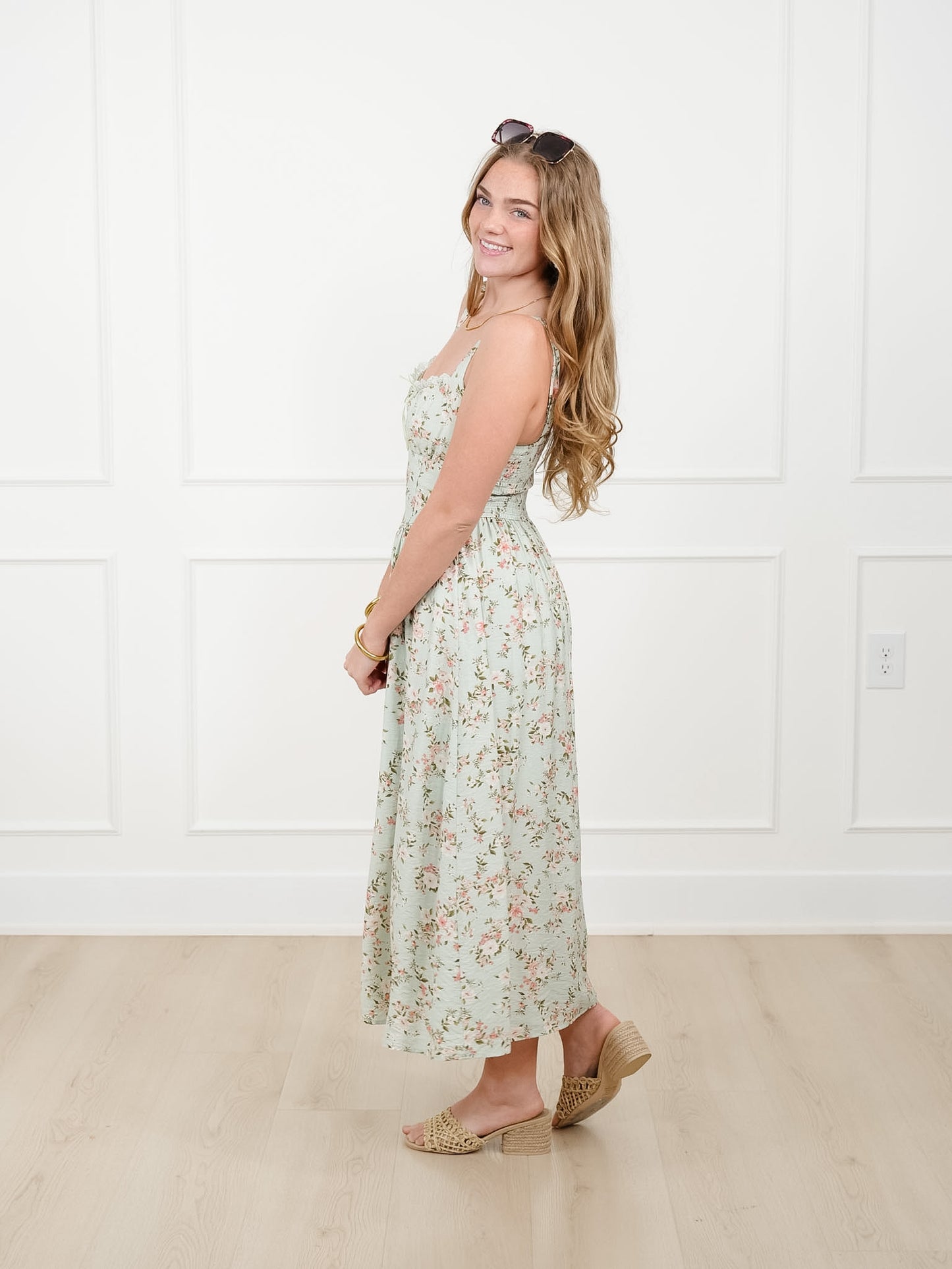 Mint Floral Sleeveless Midi Dress with Lace Trim