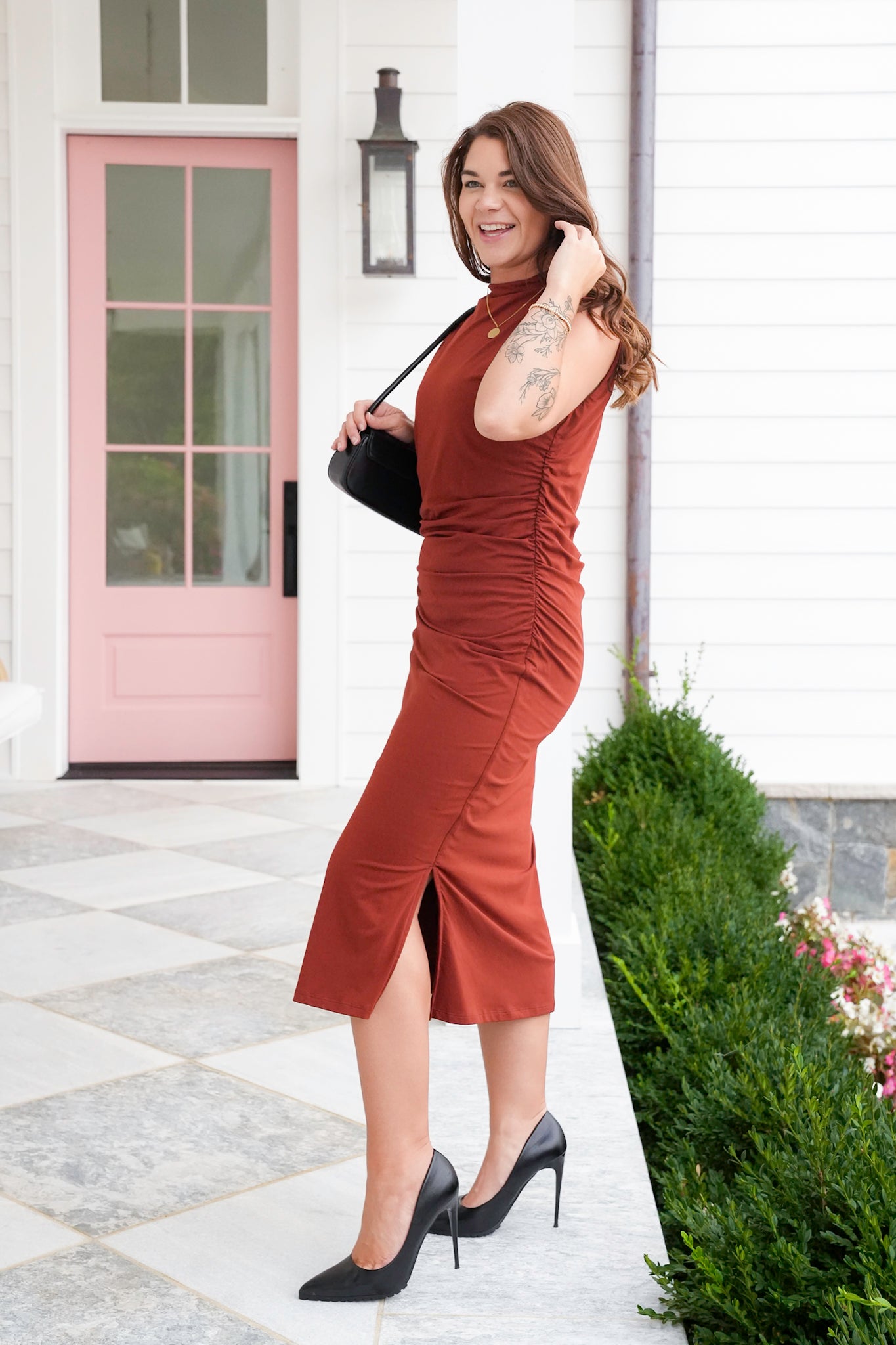 Sleeveless Draped Mock Neck Midi Knit Dress