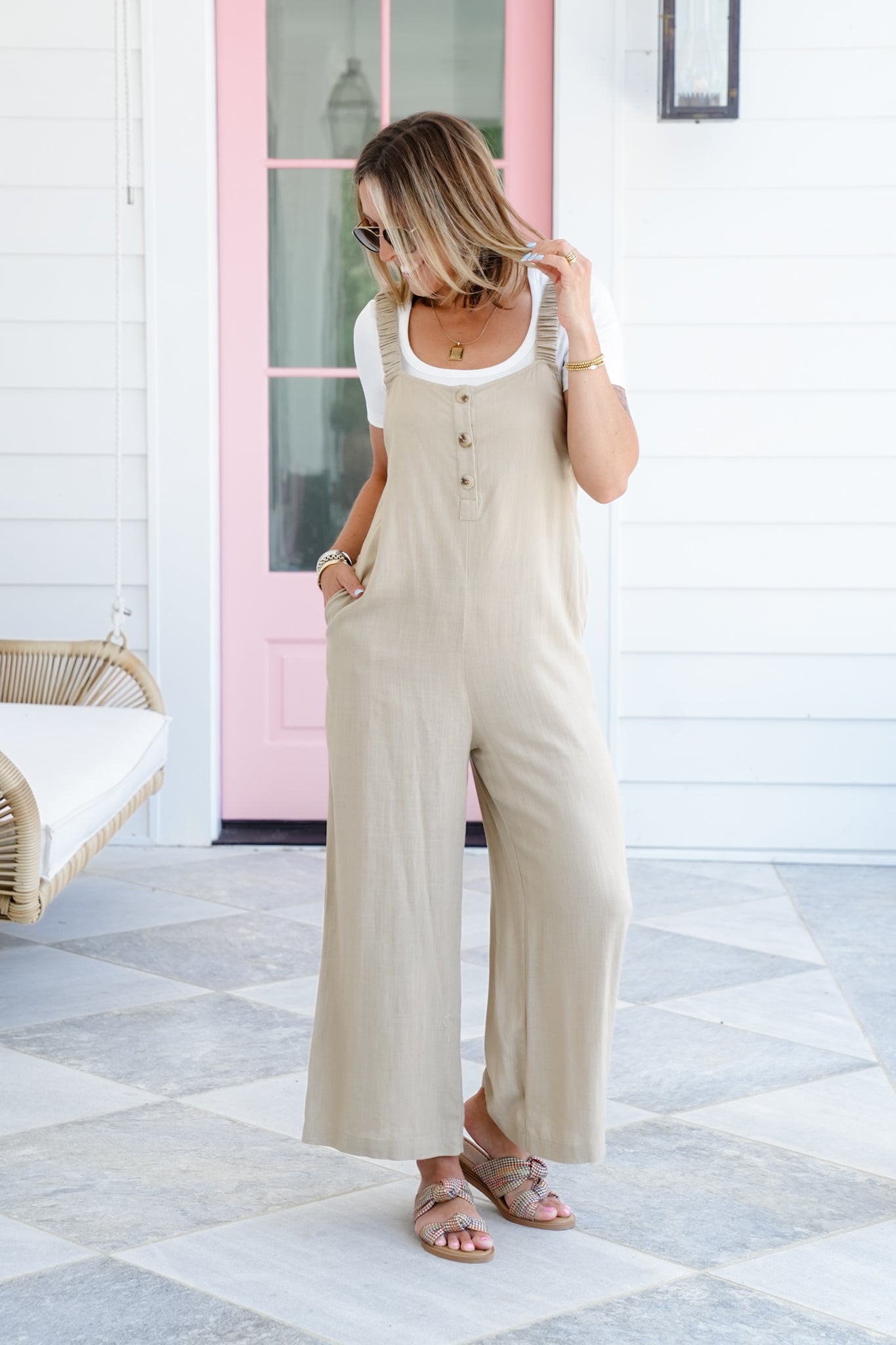 Solid Sleeveless Button Up Linen Jumpsuit with Elastic Straps