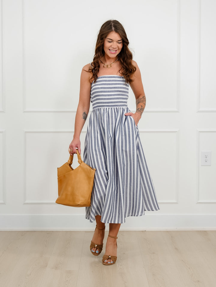 Plus/Reg Striped Sleeveless Maxi Dress with Tie Bow