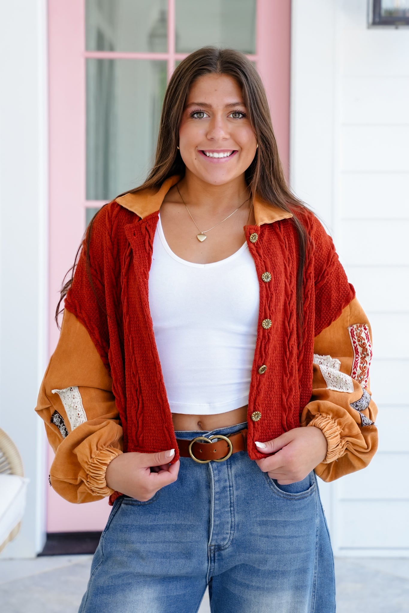 POL Color Block Long Sleeve Button Down Cropped Shacket