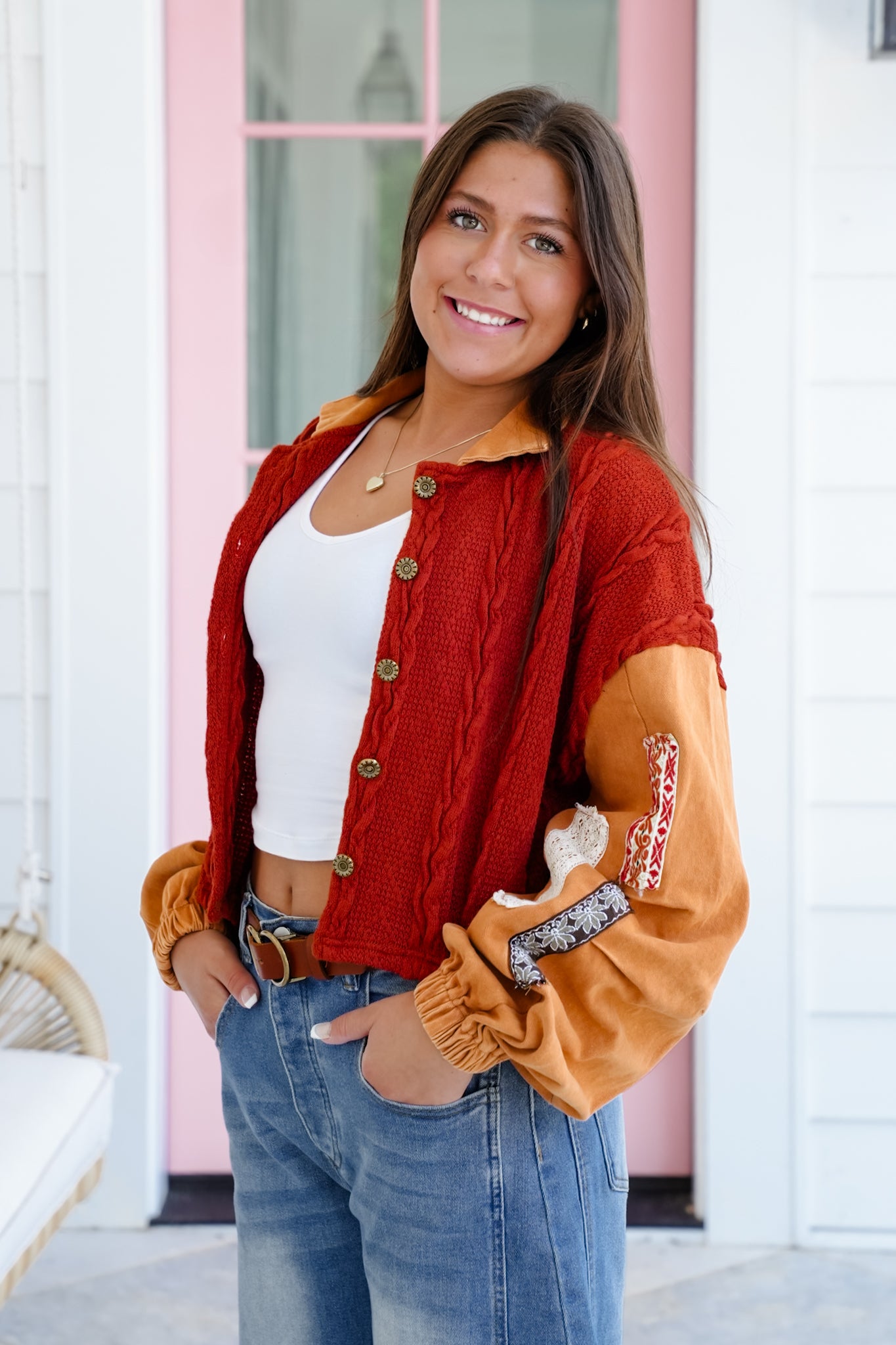 POL Color Block Long Sleeve Button Down Cropped Shacket