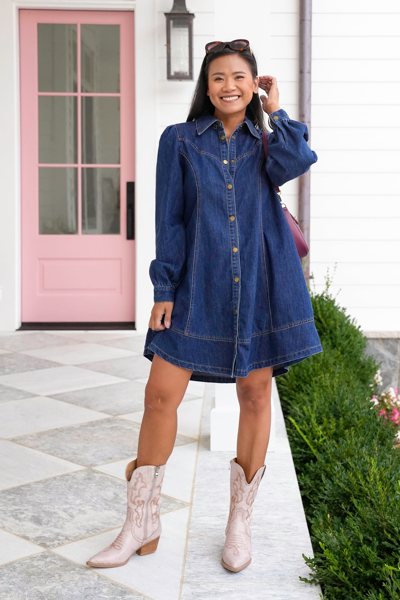 Medium Wash Long Puff Sleeve Button Down Mini Dress