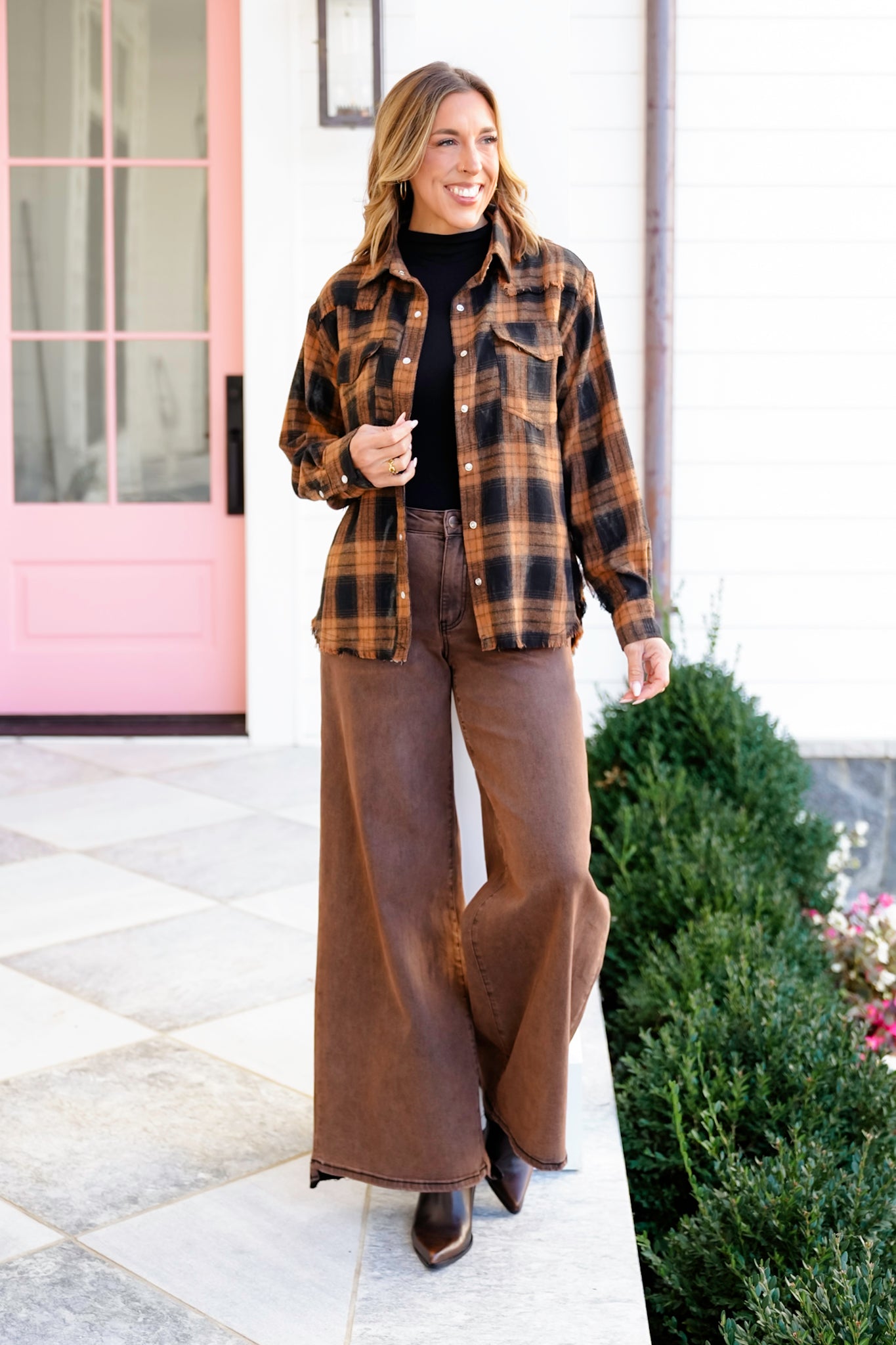 Plaid Long Sleeve Button Down Top with Distressed Hem