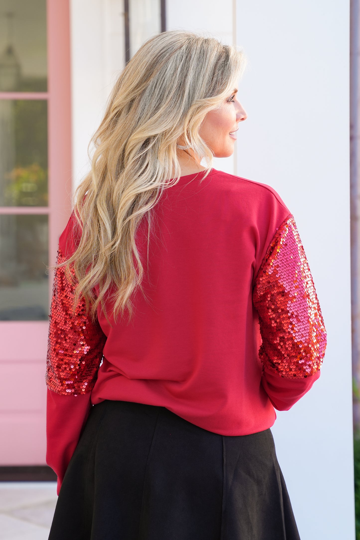 Plus/Reg Christmas Card Print Long Sequin Sleeve Sweatshirt