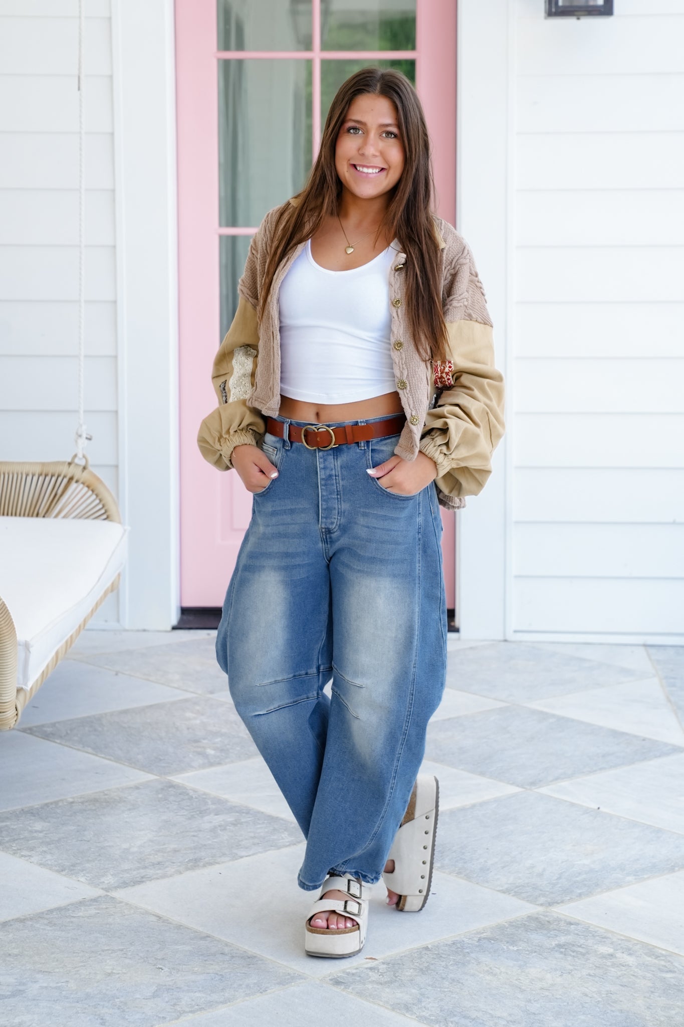POL Color Block Long Sleeve Button Down Cropped Shacket