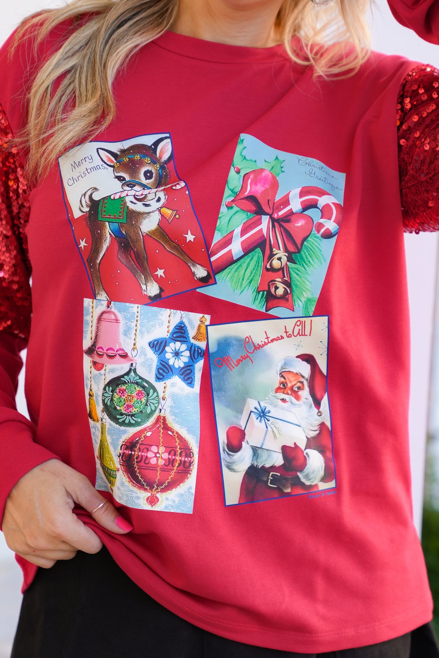 Plus/Reg Christmas Card Print Long Sequin Sleeve Sweatshirt