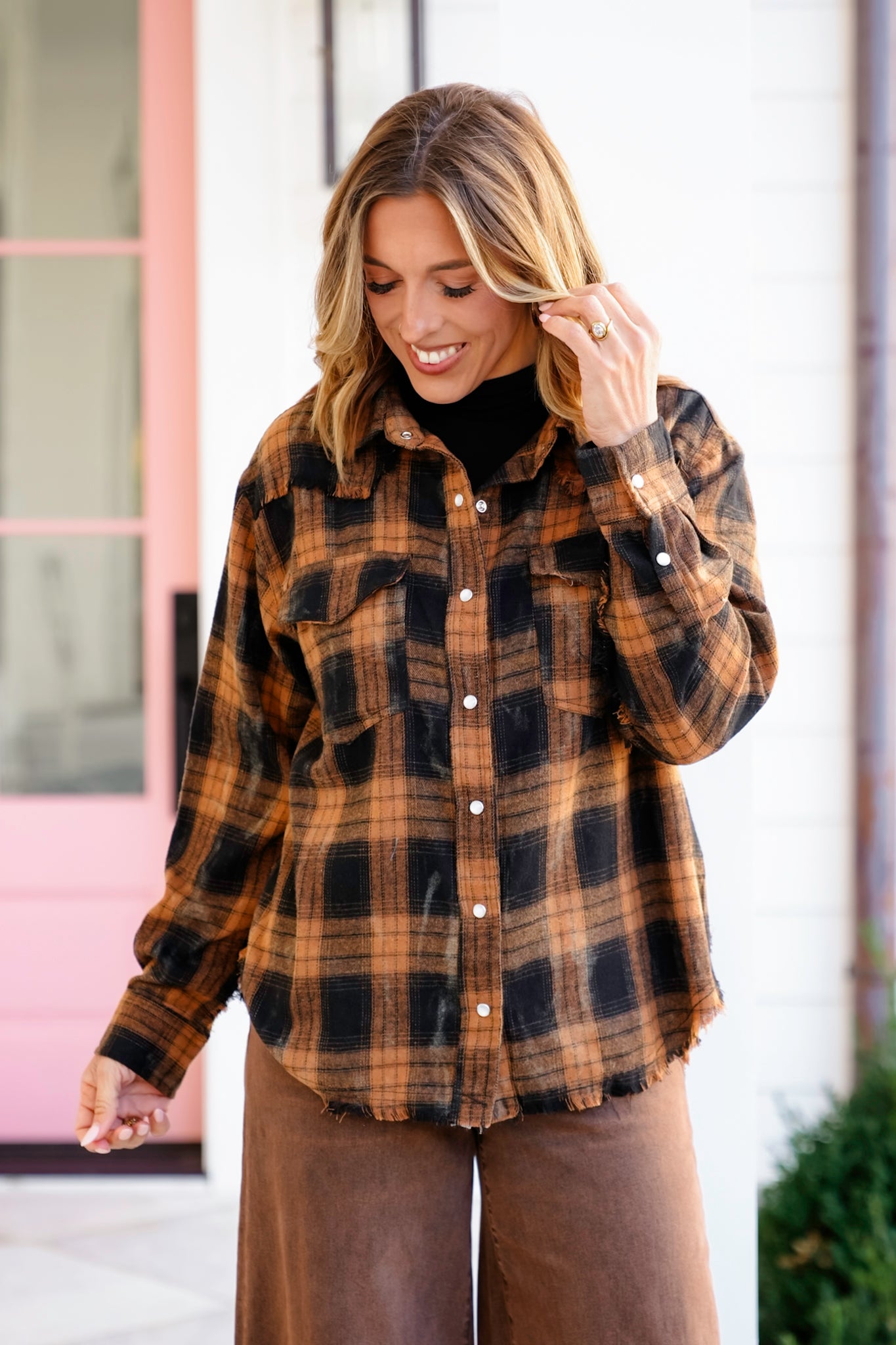 Plaid Long Sleeve Button Down Top with Distressed Hem