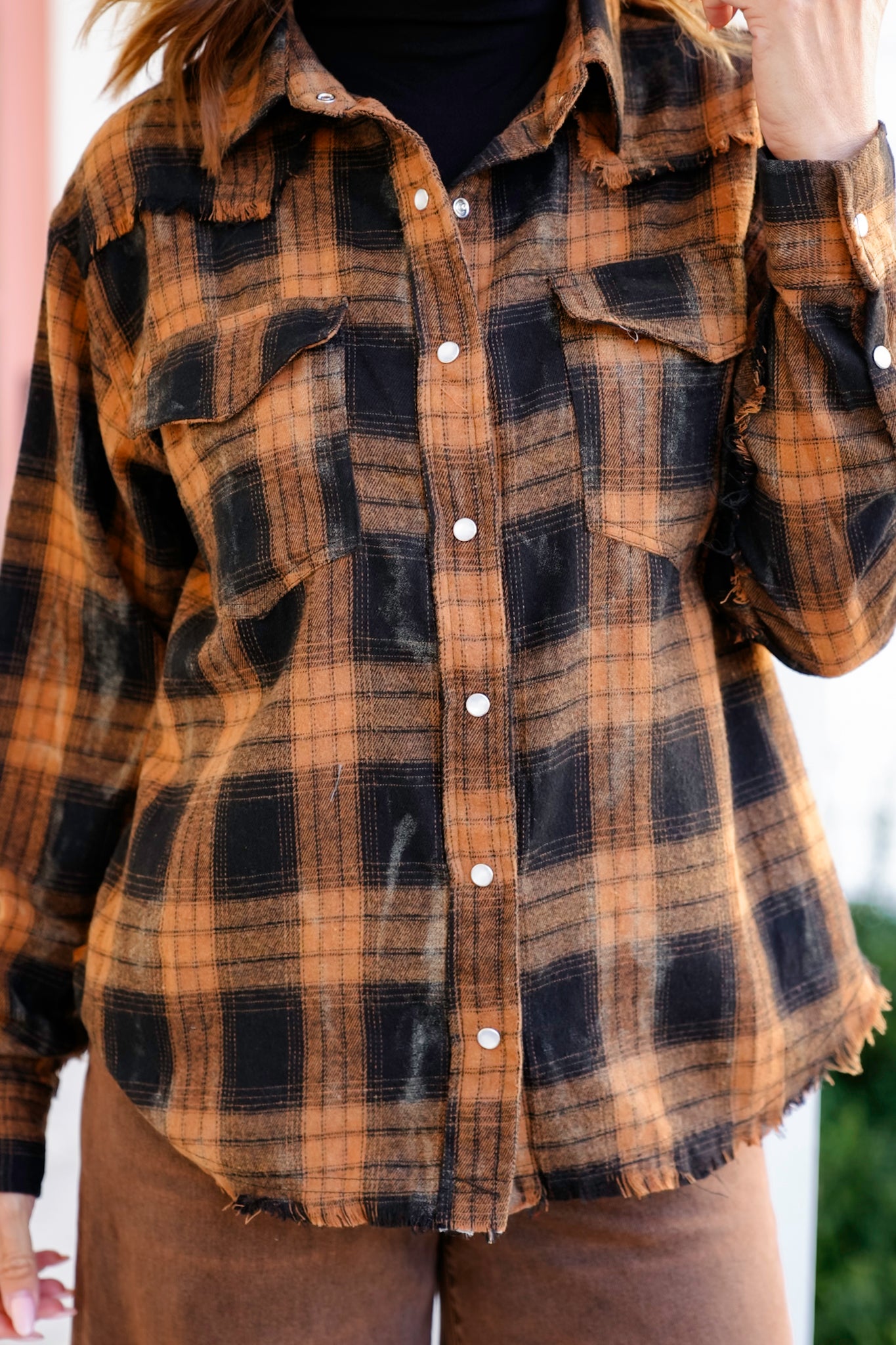 Plaid Long Sleeve Button Down Top with Distressed Hem