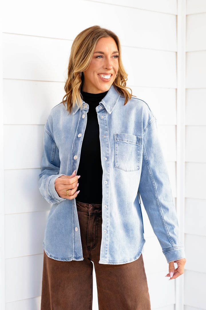 Light Wash Long Sleeve Snap Button Down Shirt