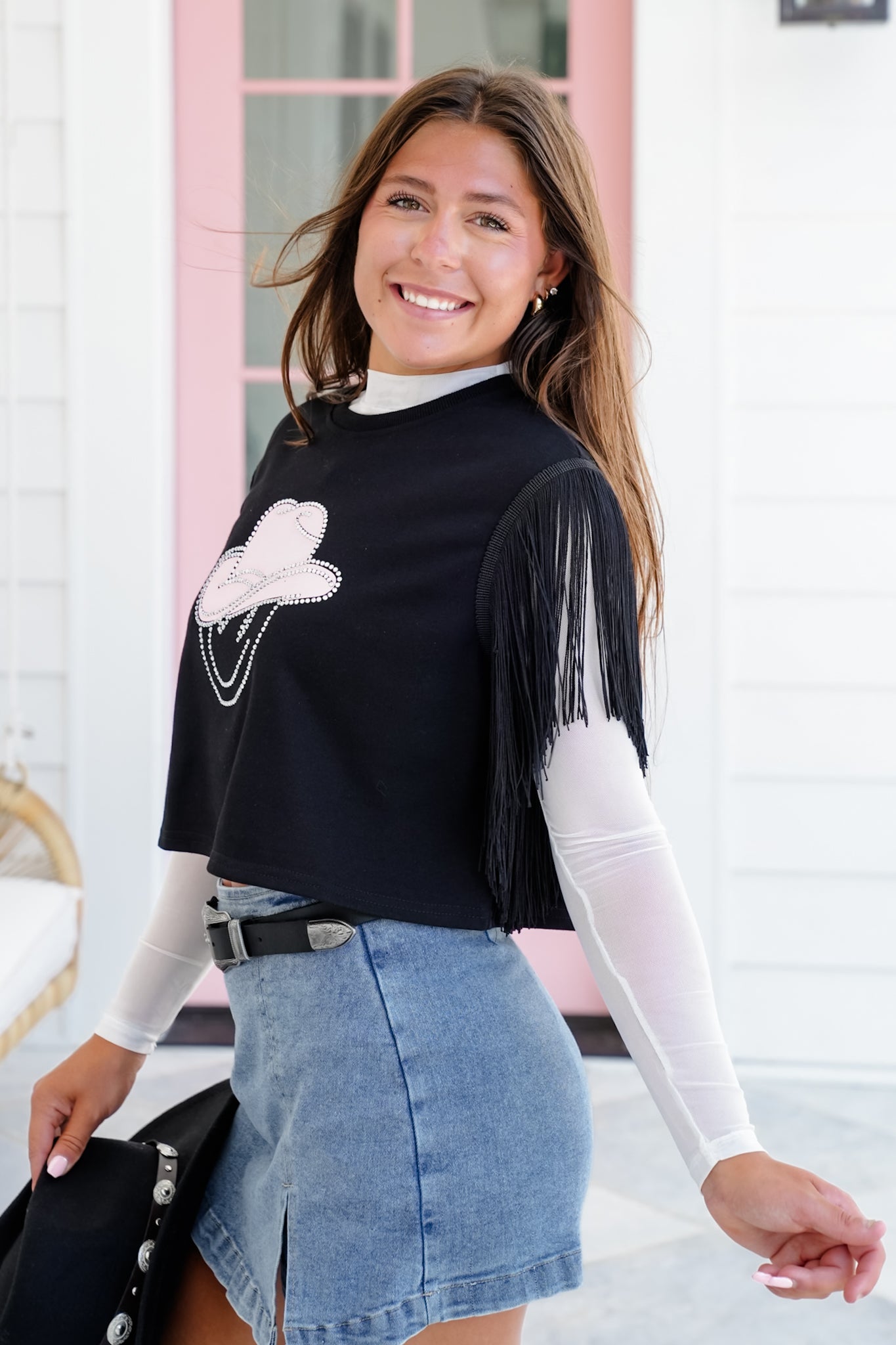Fringe Sleeve Crop Top with Cowgirl Smiley Face Detail