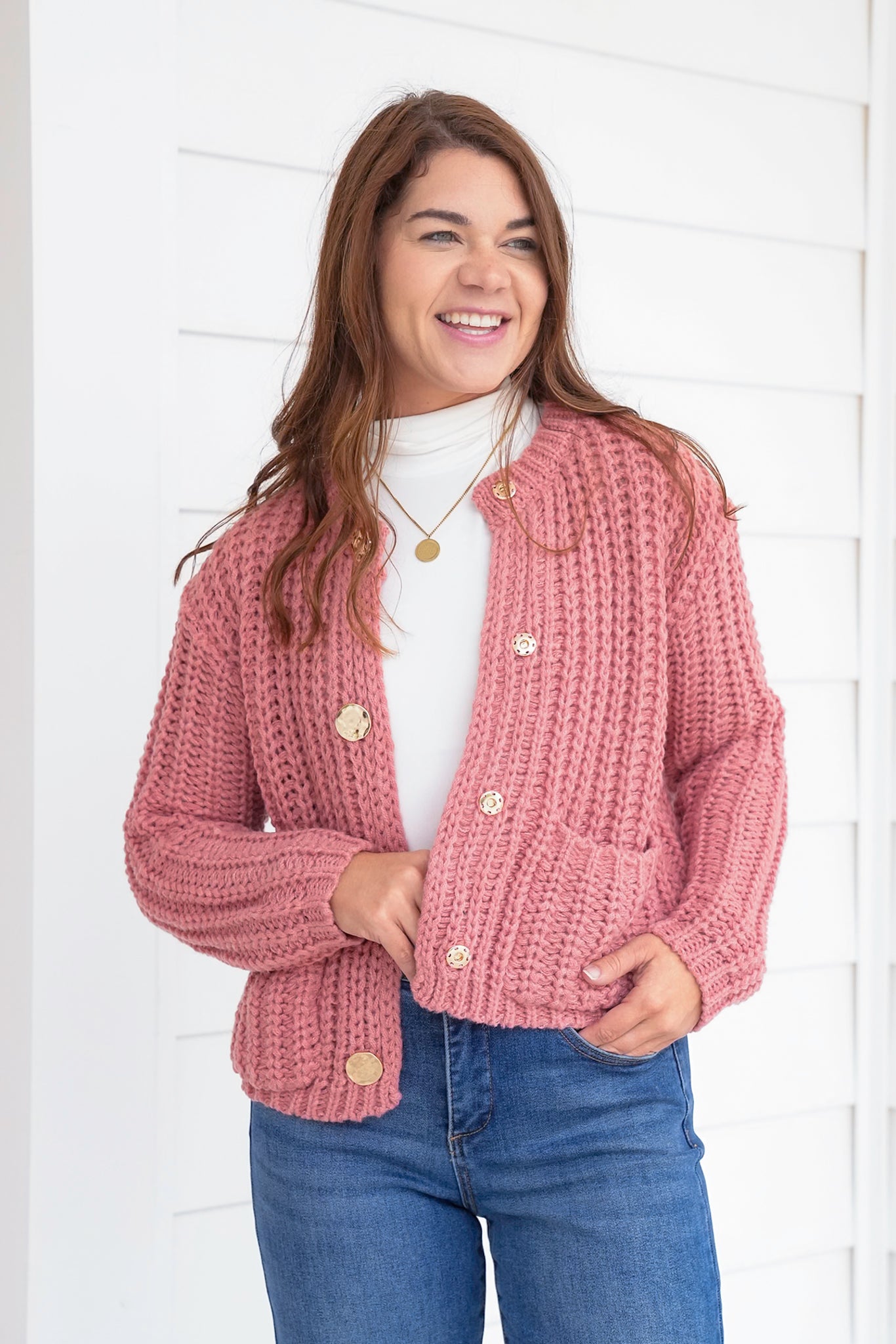 Chunky Knit Long Sleeve Cardigan with Metal Button Detail