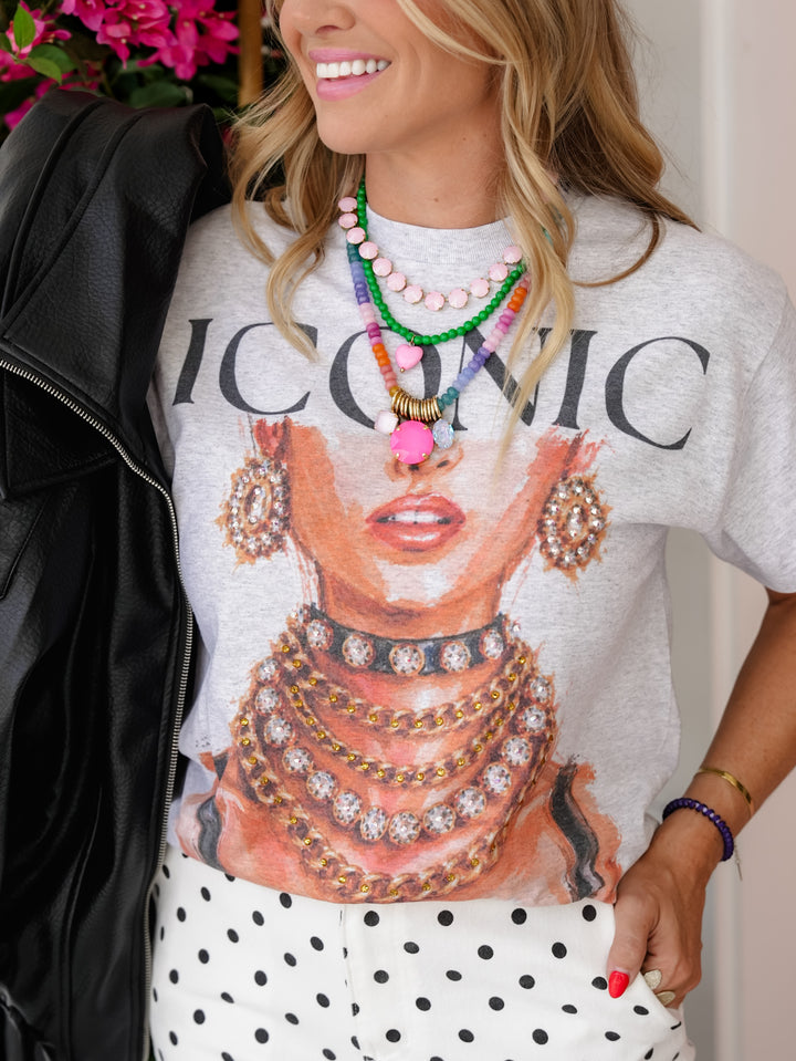 Plus/Reg Short Sleeve "Iconic" Rhinestone Studded Graphic Tee - Freckled Poppy