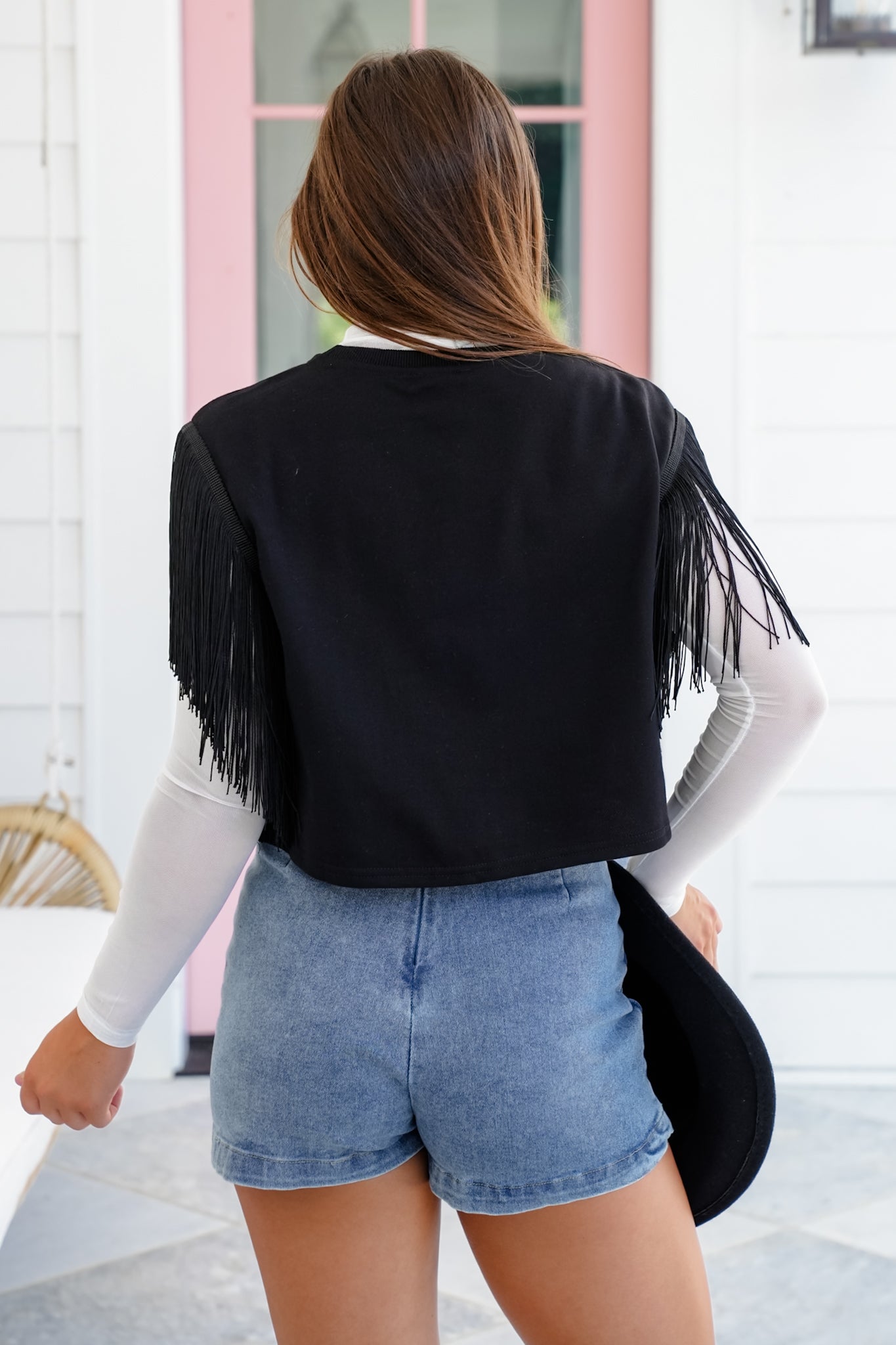 Fringe Sleeve Crop Top with Cowgirl Smiley Face Detail