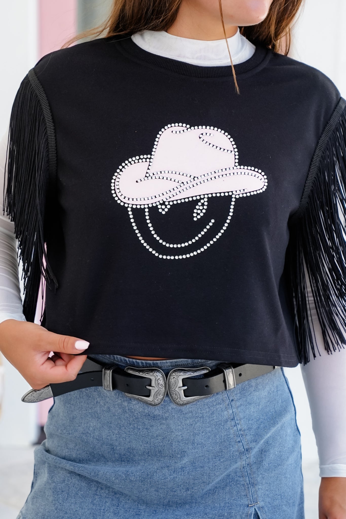Fringe Sleeve Crop Top with Cowgirl Smiley Face Detail