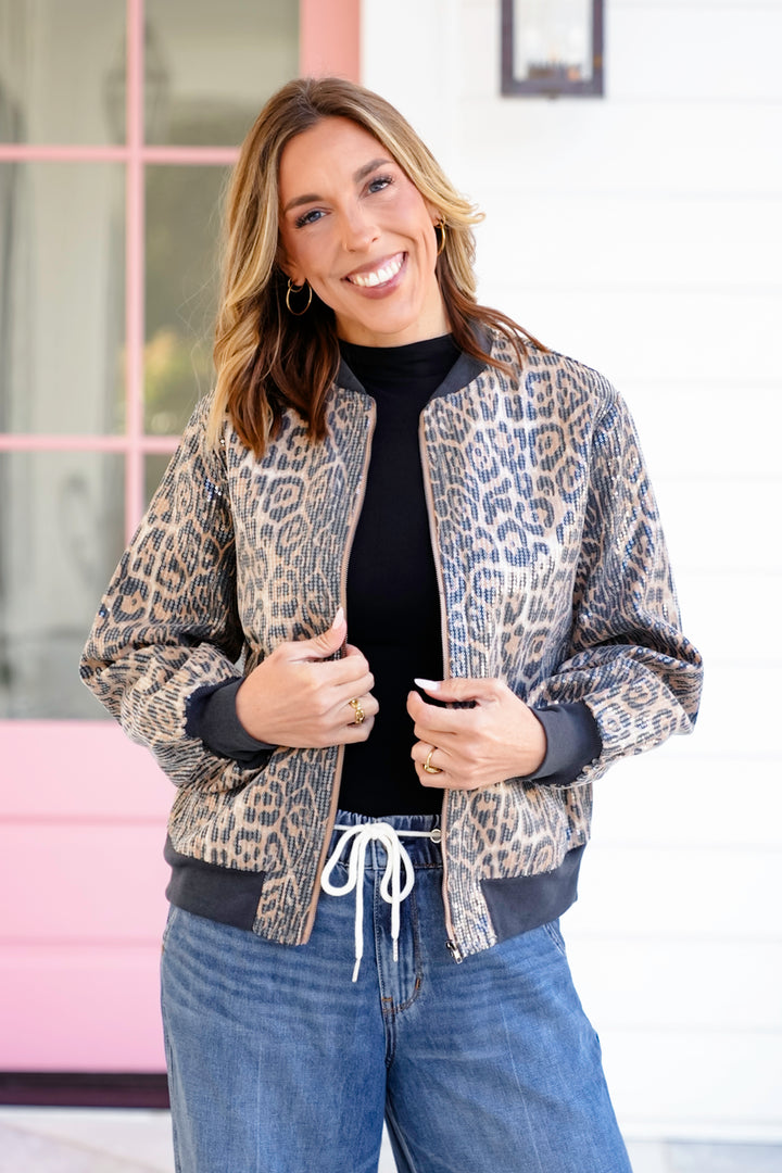 Sequin Leopard Long Sleeve Zip-Up Bomber Jacket