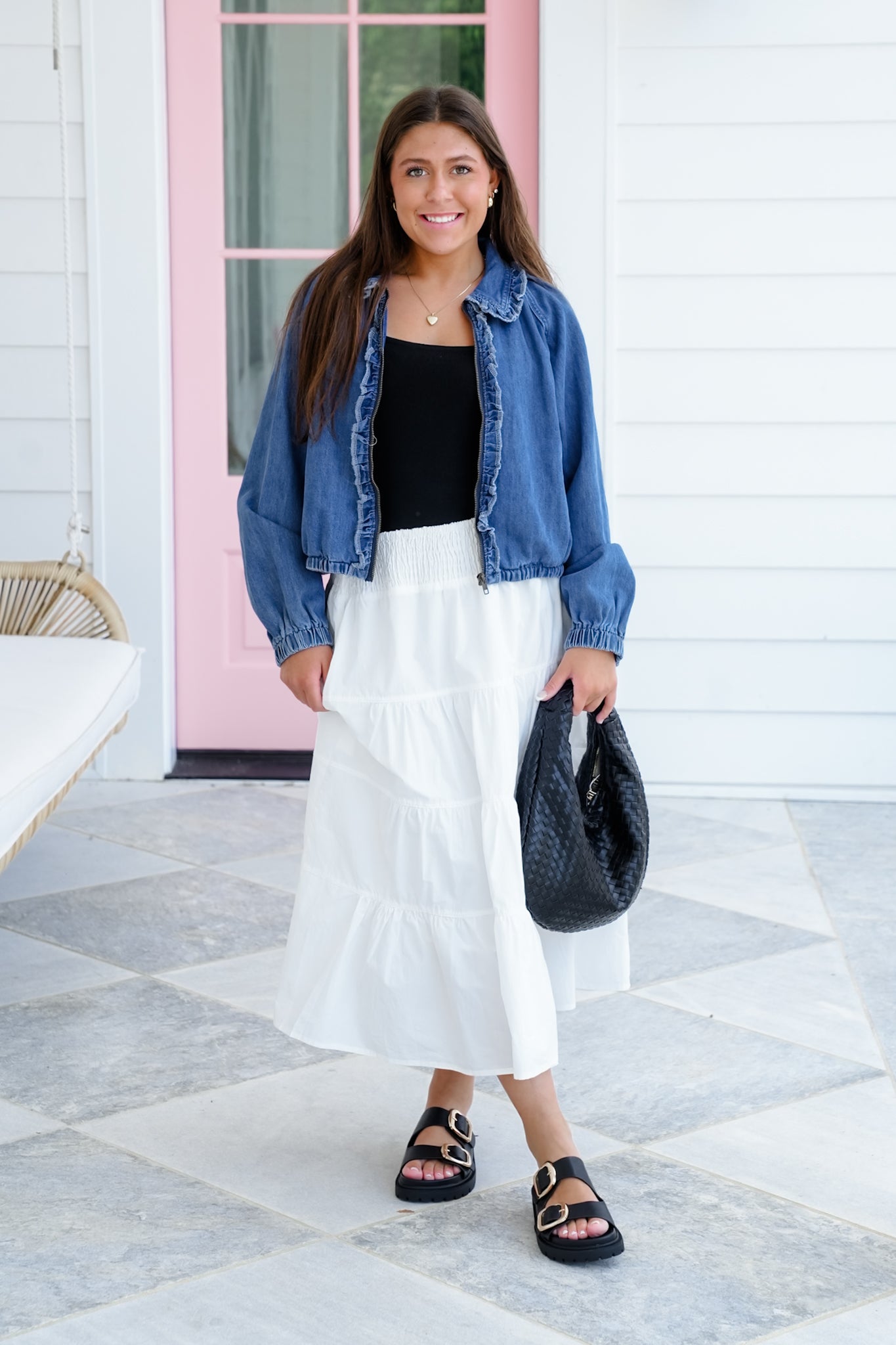 White Woven Smocked Waist Tiered Skirt