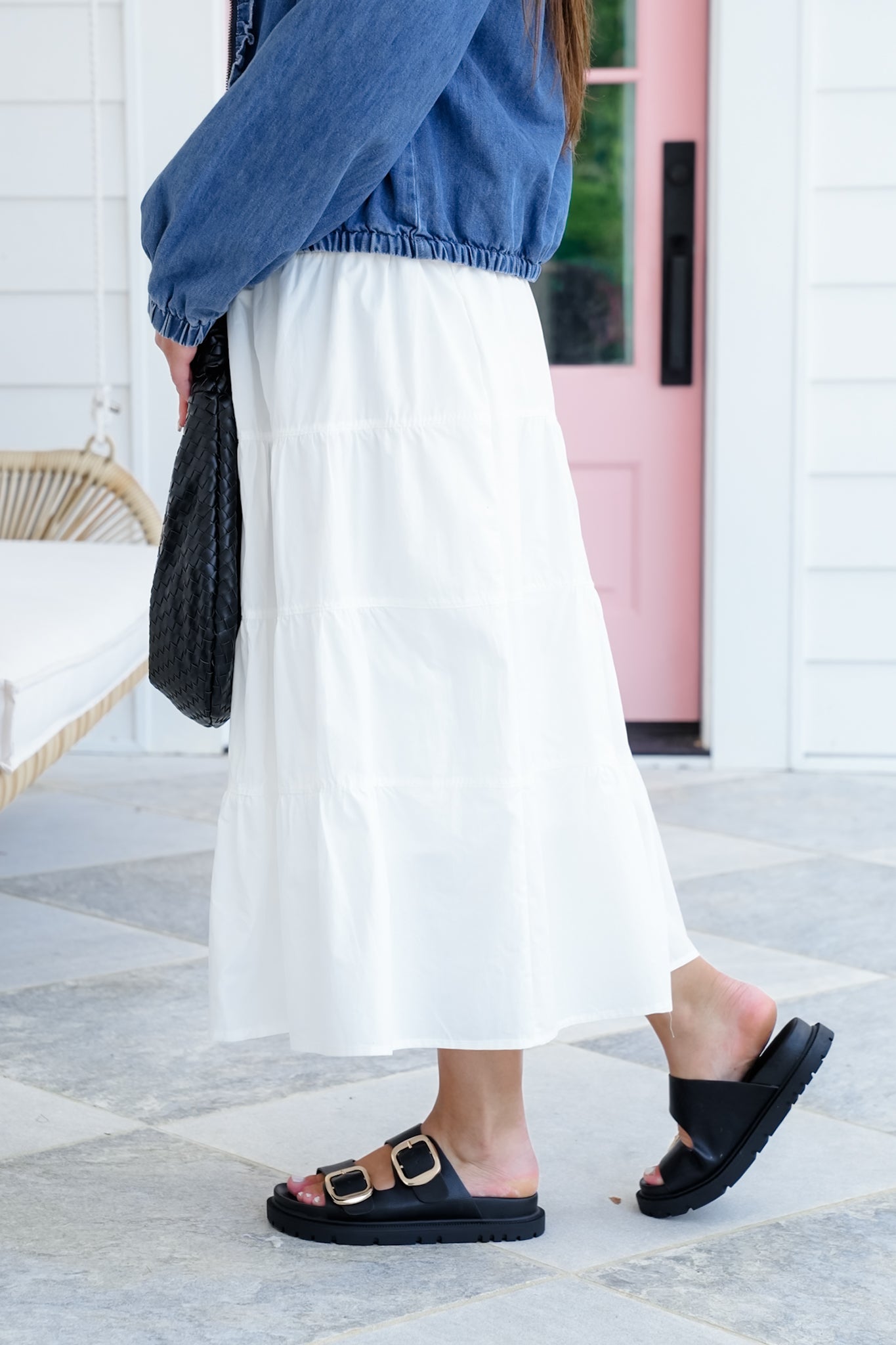 White Woven Smocked Waist Tiered Skirt