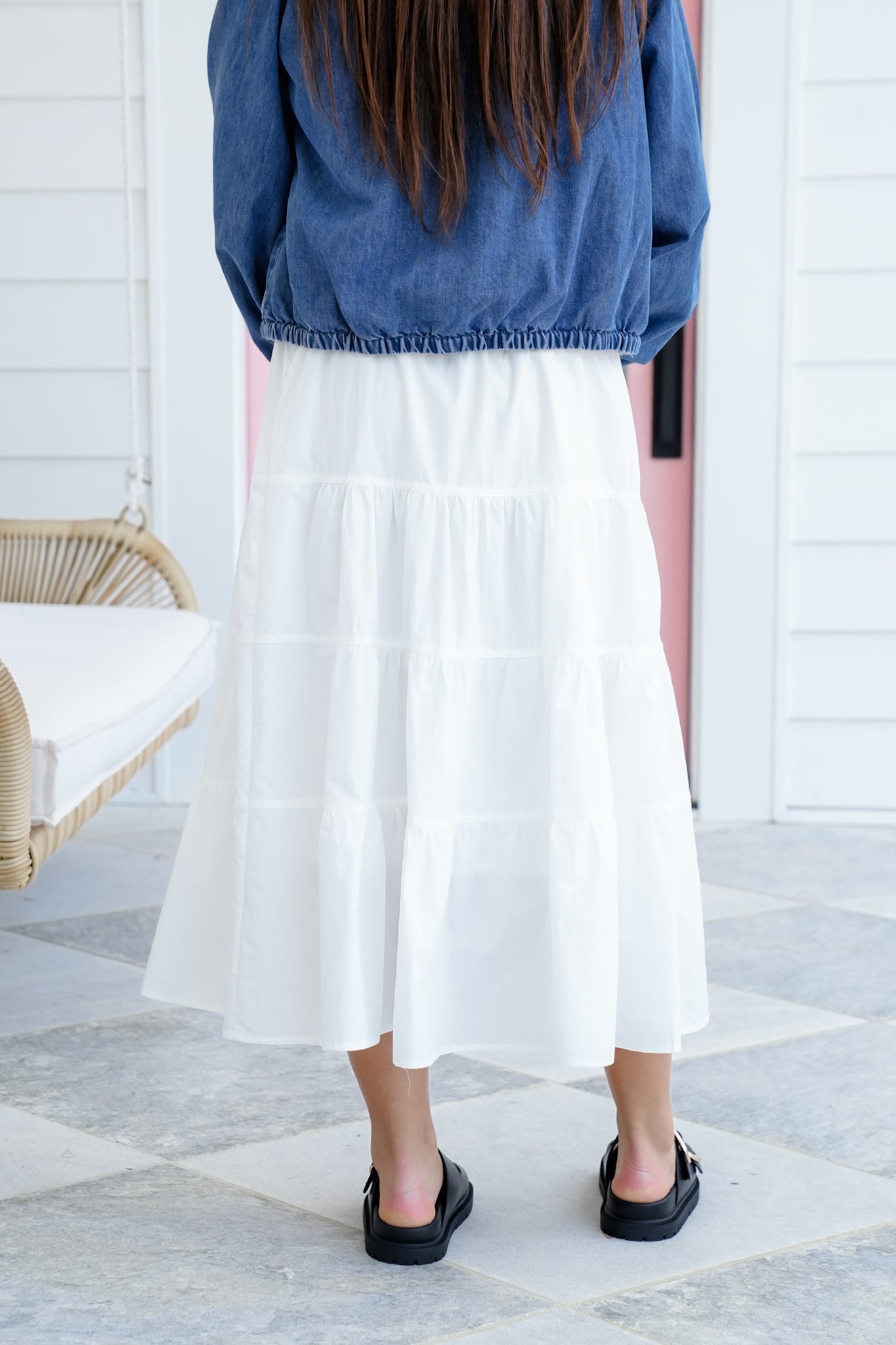 White Woven Smocked Waist Tiered Skirt