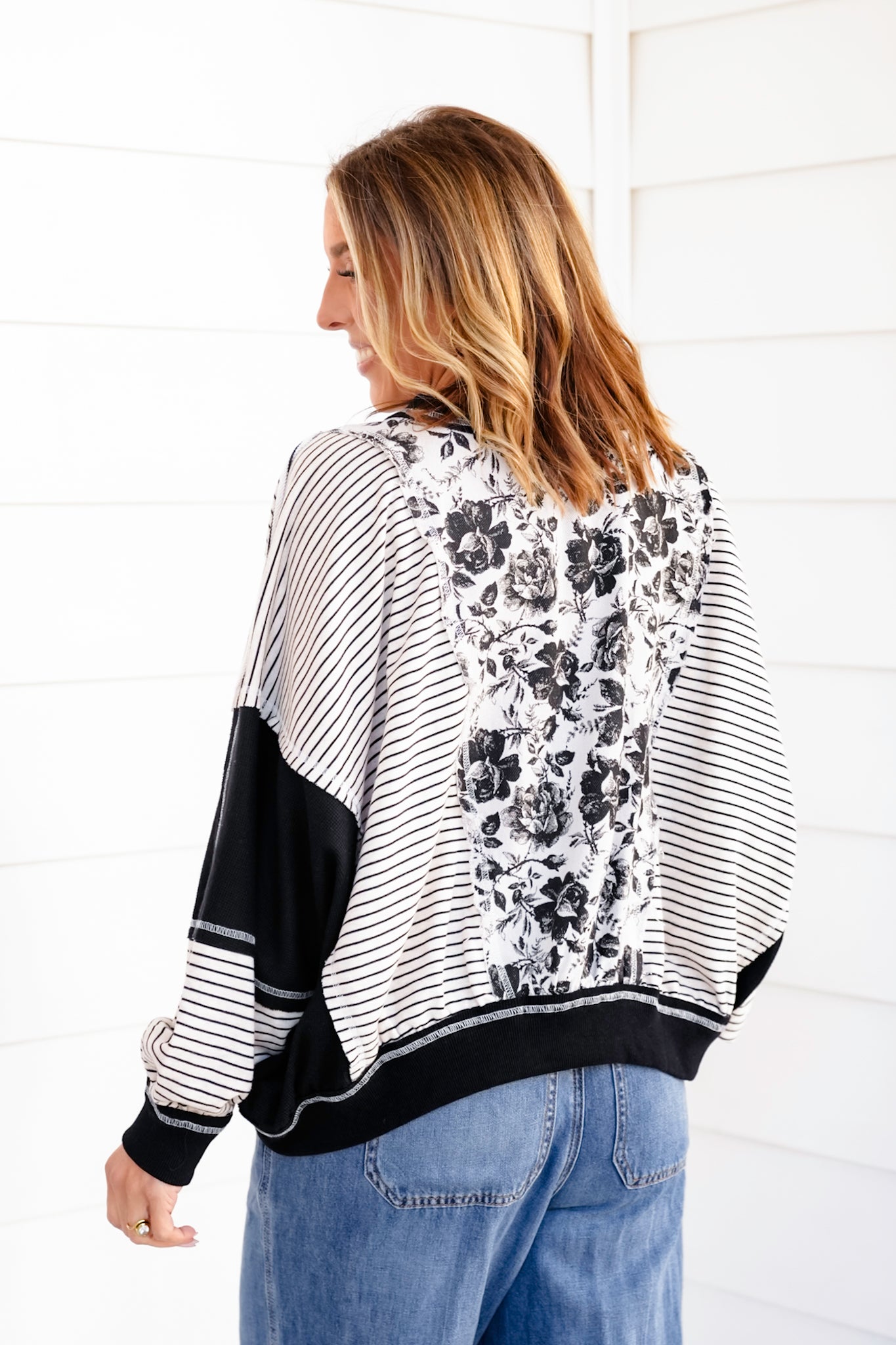 Long Sleeve Rose And Stripe Mix and Match Top