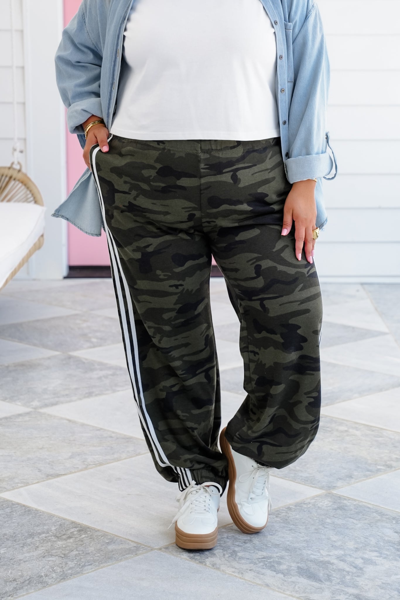 Restock! Camo Elastic Waist Track Pants with Stripe Detail