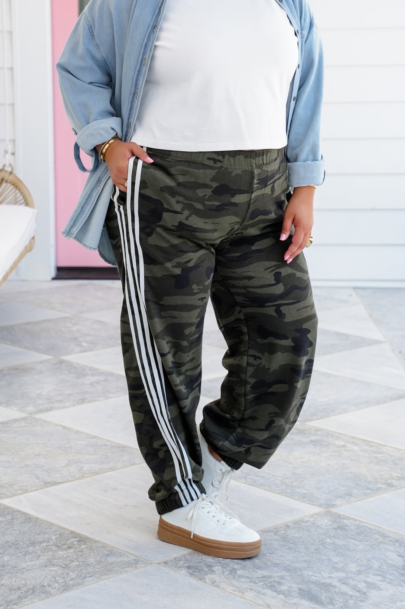 Restock! Camo Elastic Waist Track Pants with Stripe Detail